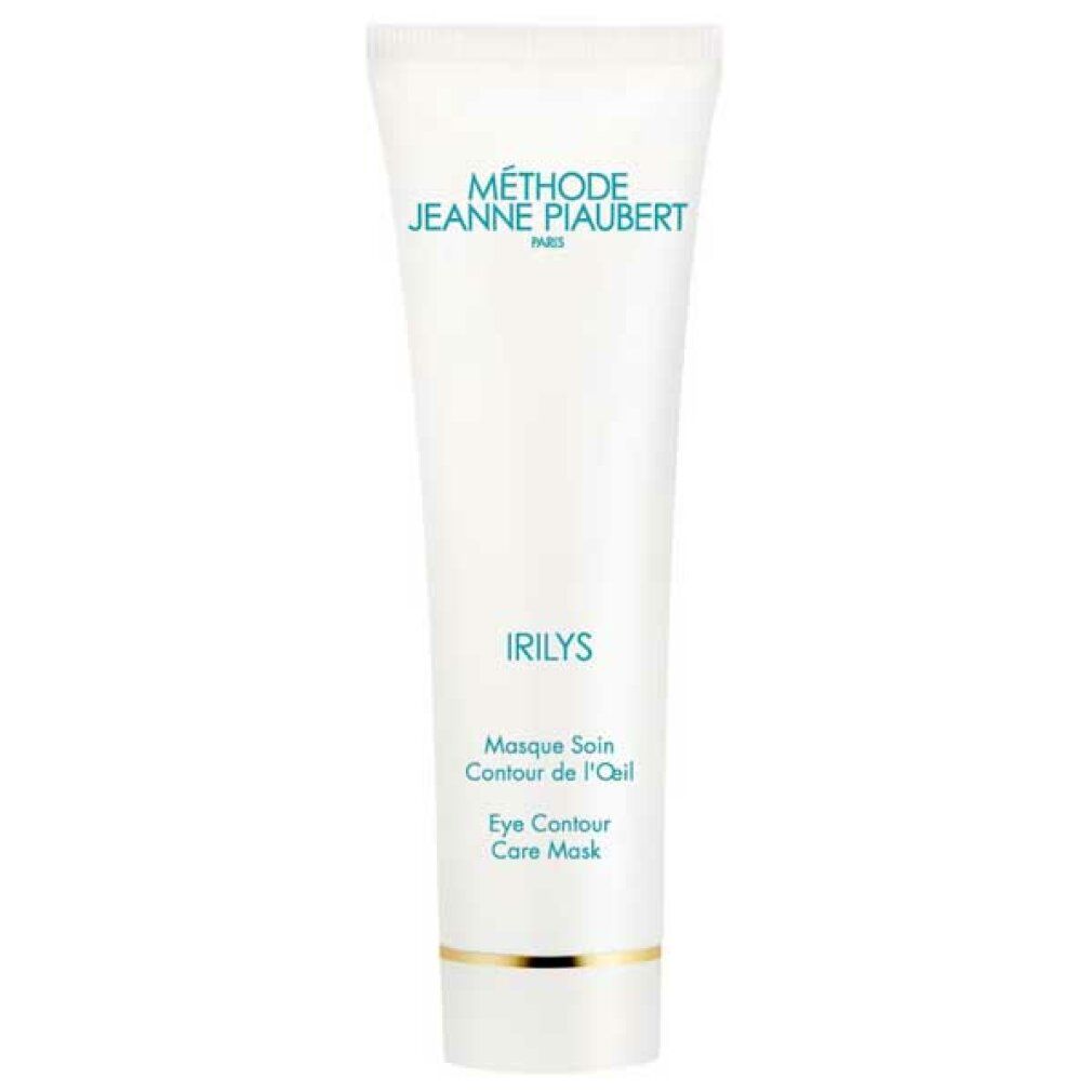 Tubo bianco con maschera per occhi Irilys. Testo: Méthode Jeanne Piaubert, Irilys, Masque soin contour de l'œil, Eye contour care mask.