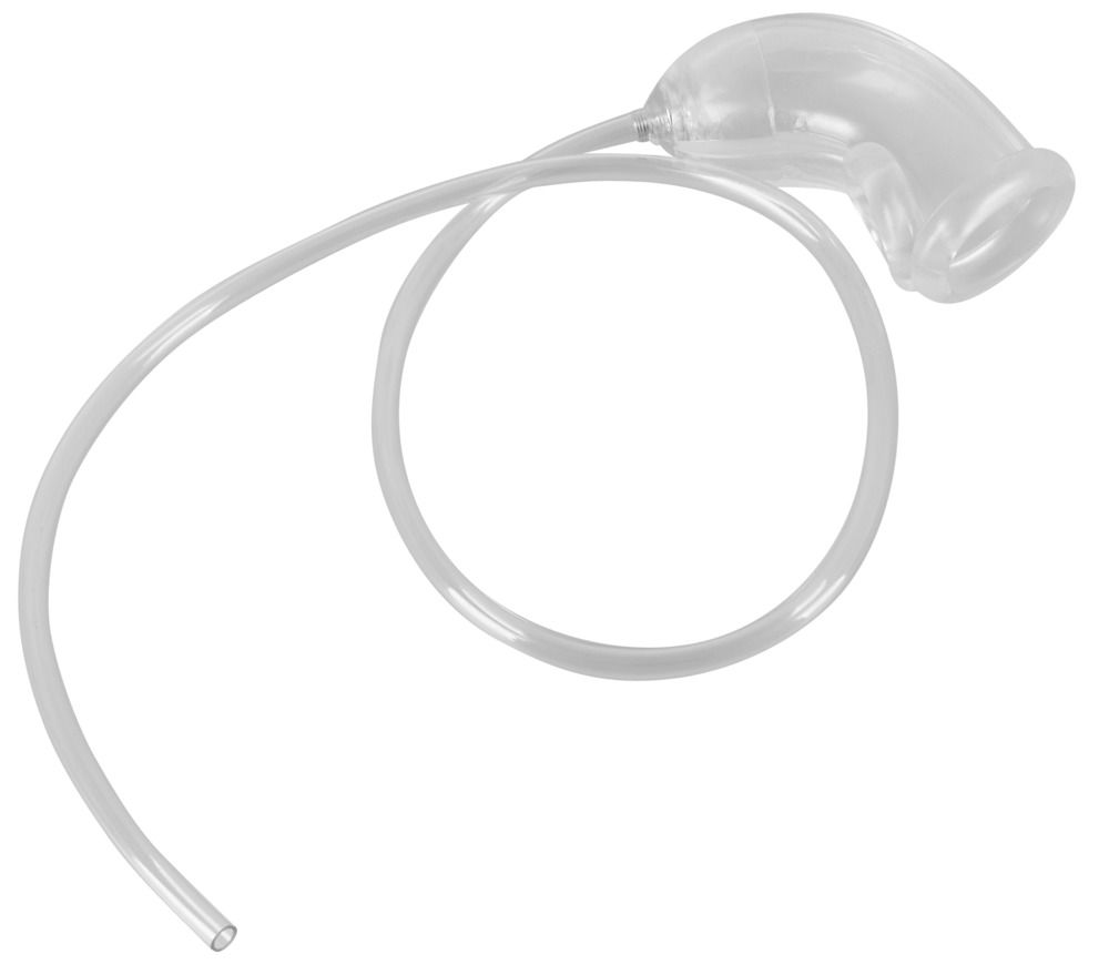 Prodotto trasparente e flessibile, forma curva, con tubo. Vista dettagliata.