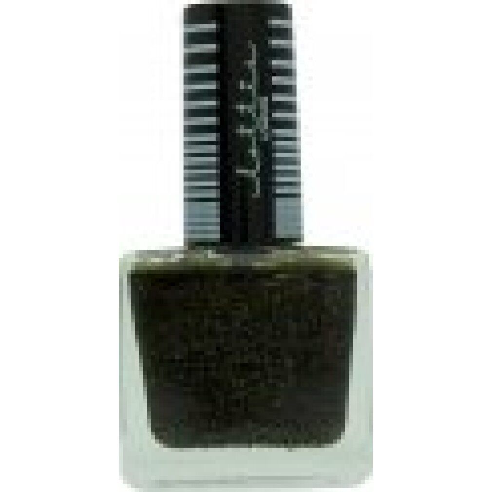 Flacone di smalto nero. Tappo nero con testo e strisce bianche. Logo Lottie London.