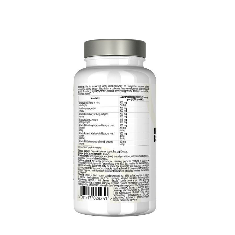 Retro di un flacone bianco con capsule. Contiene ingredienti e informazioni nutrizionali. Con codice a barre.