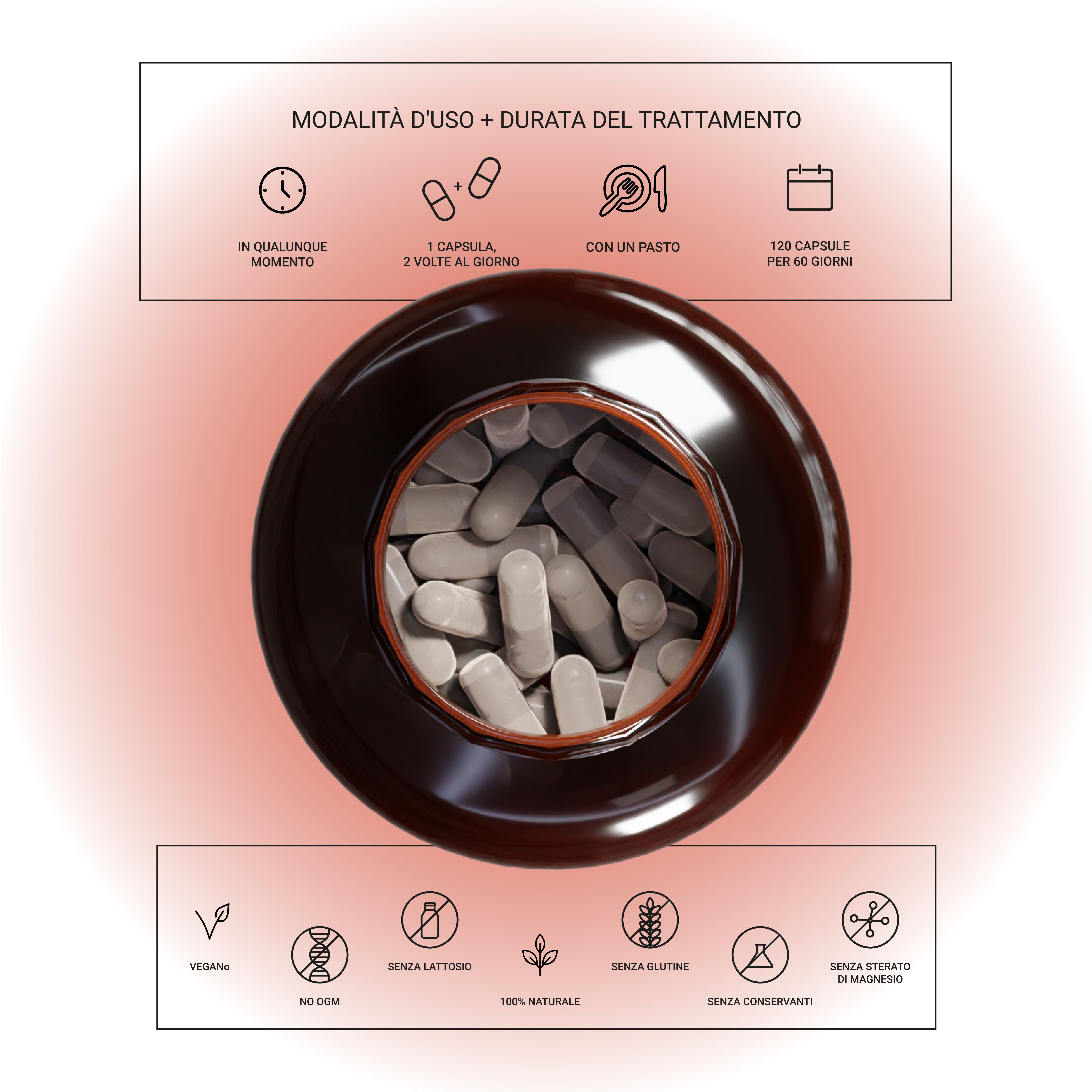 Flacone marrone con capsule. Testo: Modalità d'uso e durata del trattamento. 1 capsula, 2 volte al giorno, con un pasto, 120 capsule per 60 giorni. Vegano, senza glutine.