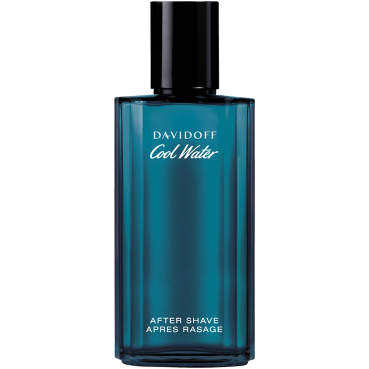 Flacone Davidoff Cool Water After Shave. Vetro blu, tappo nero. Scritta.