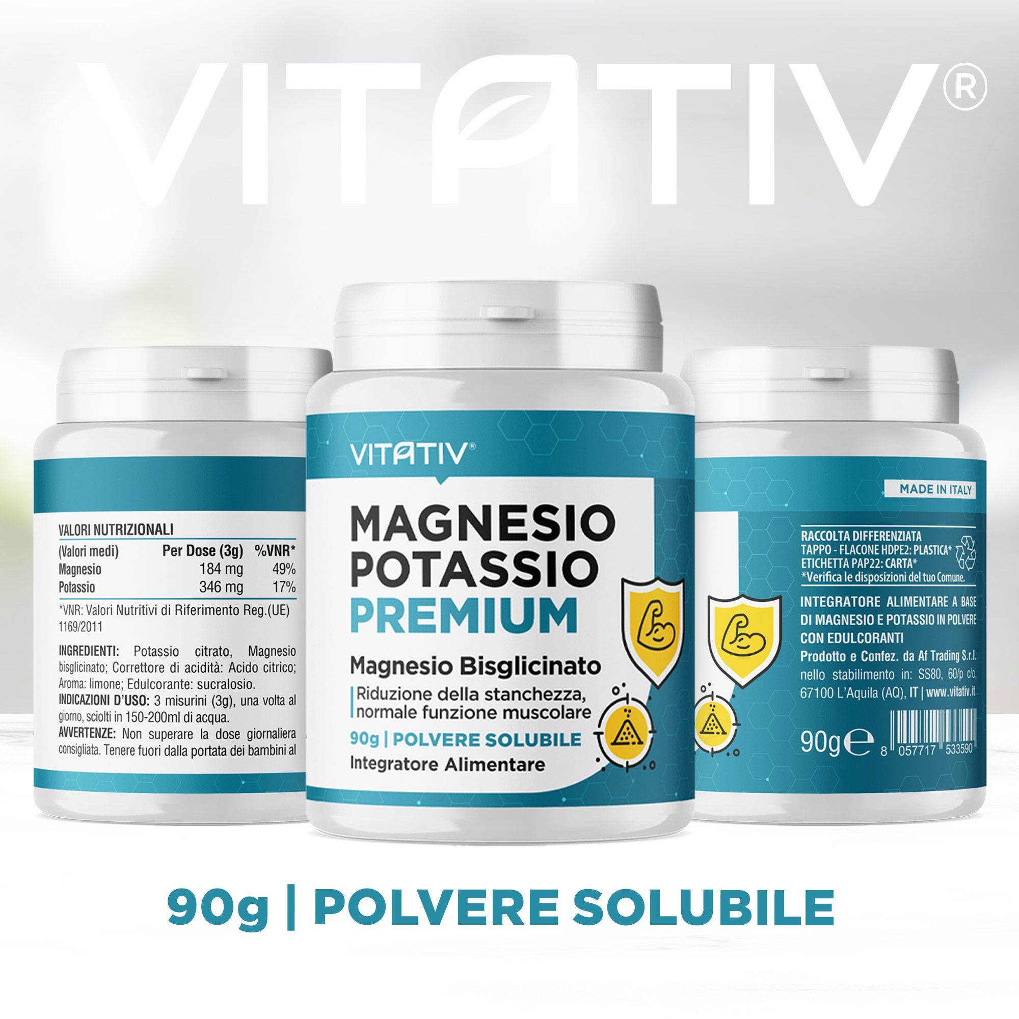Tre barattoli Vitativ Magnesio Potassio Premium. Scritta: Magnesio Potassio Premium, 90g, polvere.