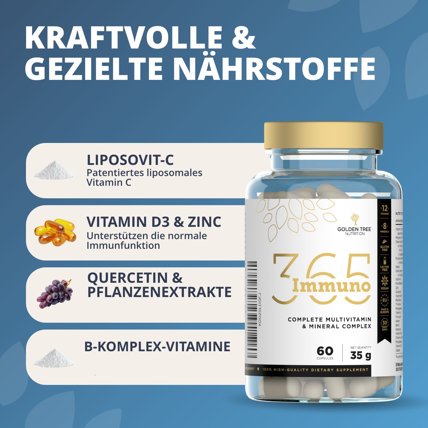 Flacone da 60 capsule, complesso multivitaminico e minerale.