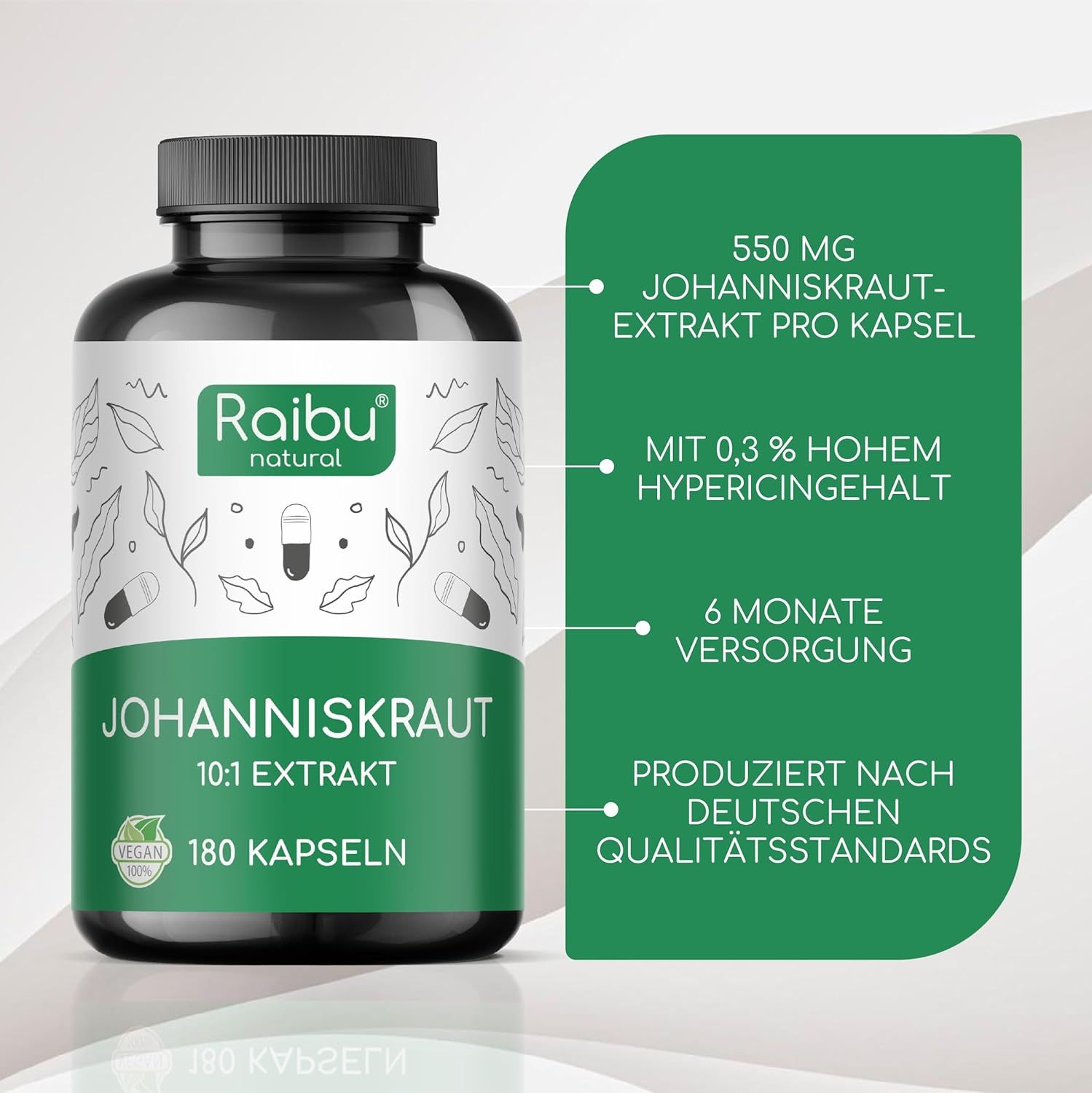 Flacone marrone con tappo nero. Scritta: Johanniskraut 10:1 Extrakt, 180 capsule. Testo: 550 mg di estratto di iperico per capsula.
