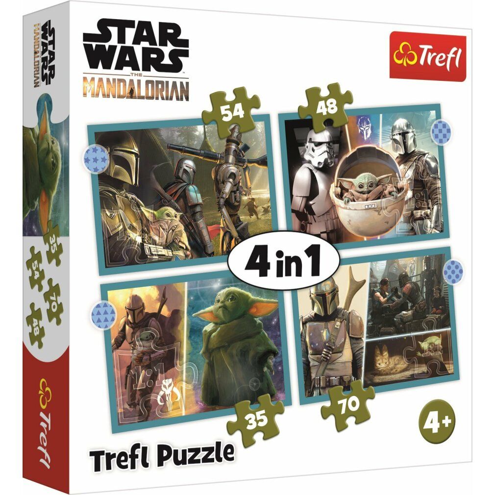 Puzzle con il Mandaloriano e Baby Yoda. Il puzzle mostra il Mandaloriano con Baby Yoda e Baby Yoda. Sfondo blu.
