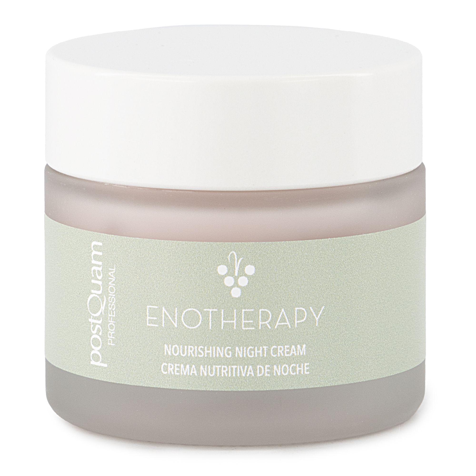Vaso di crema con coperchio bianco. Scritta: Postquam, Enotherapy, Nourishing Night Cream. Design verde e bianco.