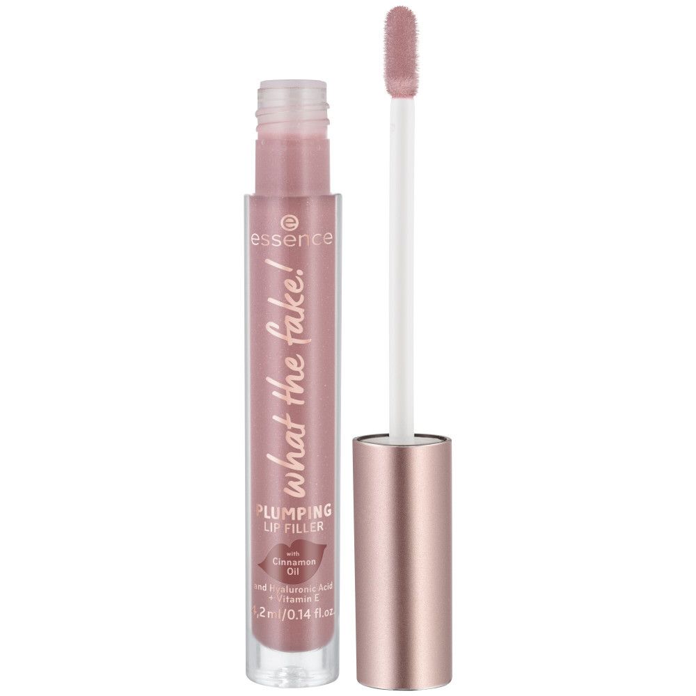 Lucidalabbra volumizzante con applicatore. Tubo rosa, tappo oro rosa. Scritta: What the Fake!, Plumping Lip Filler.