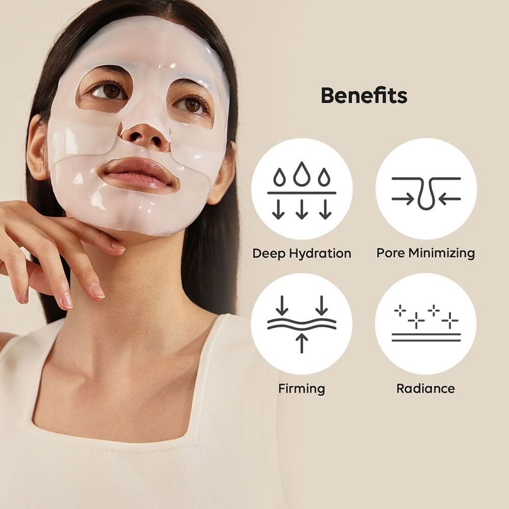 Donna con maschera viso. Benefici: idratazione profonda, minimizzazione pori, rassodamento, luminosità.