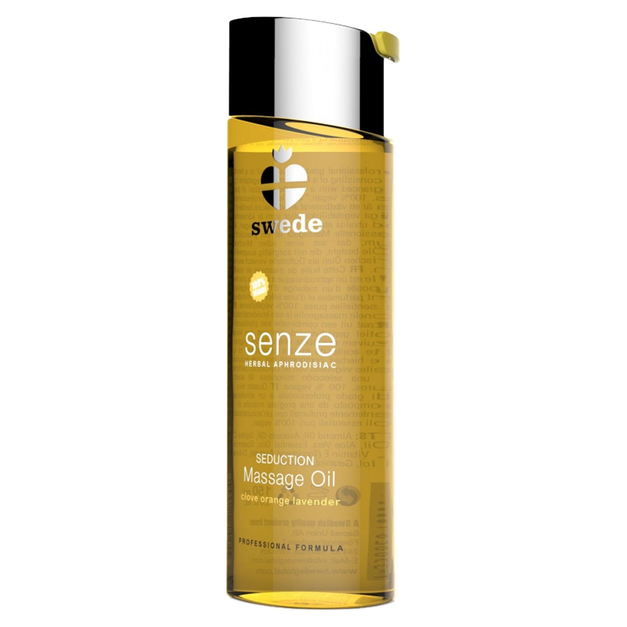 Flacone cilindrico di olio per massaggio. Scritte: Swede, Senze, Massage Oil. Tappo argentato con chiusura gialla.