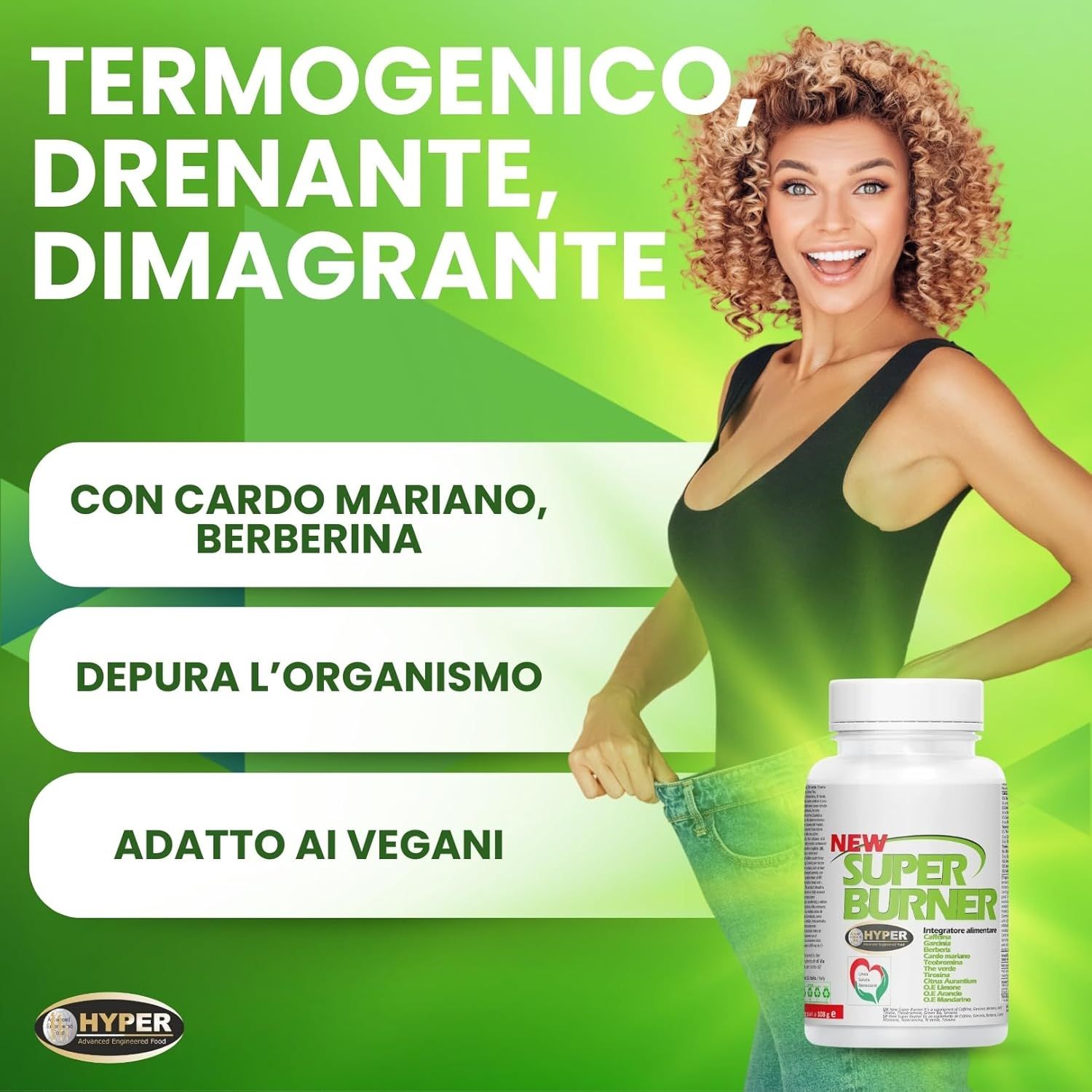 Donna in abito verde che tiene un paio di jeans. Visibile una bottiglia con etichetta NEW SUPER BURNER.