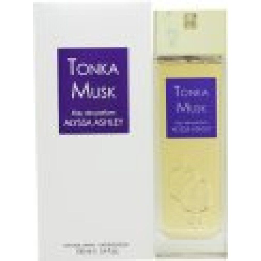 Flacone di profumo e confezione. Scritta Tonka Musk, Alyssa Ashley. Forma rettangolare.