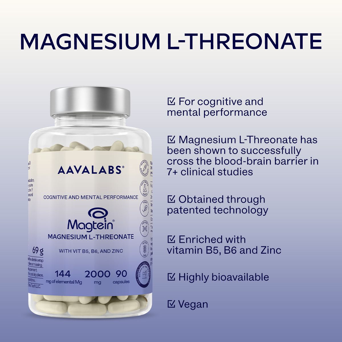 Flacone Aavalabs Magtein Magnesio L-Treonato con benefici.