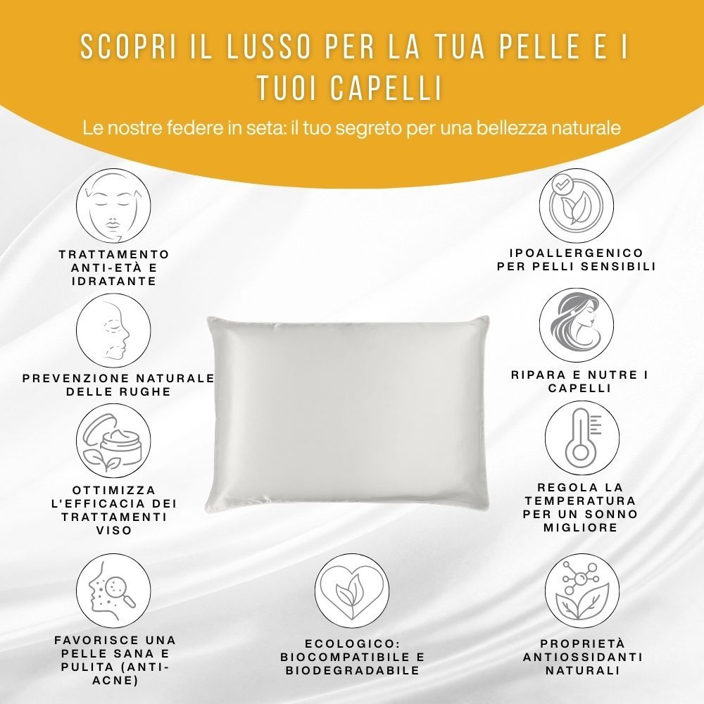 Cuscino bianco con testo e simboli. Caratteristiche: anti-età, ipoallergenico, pelli sensibili.