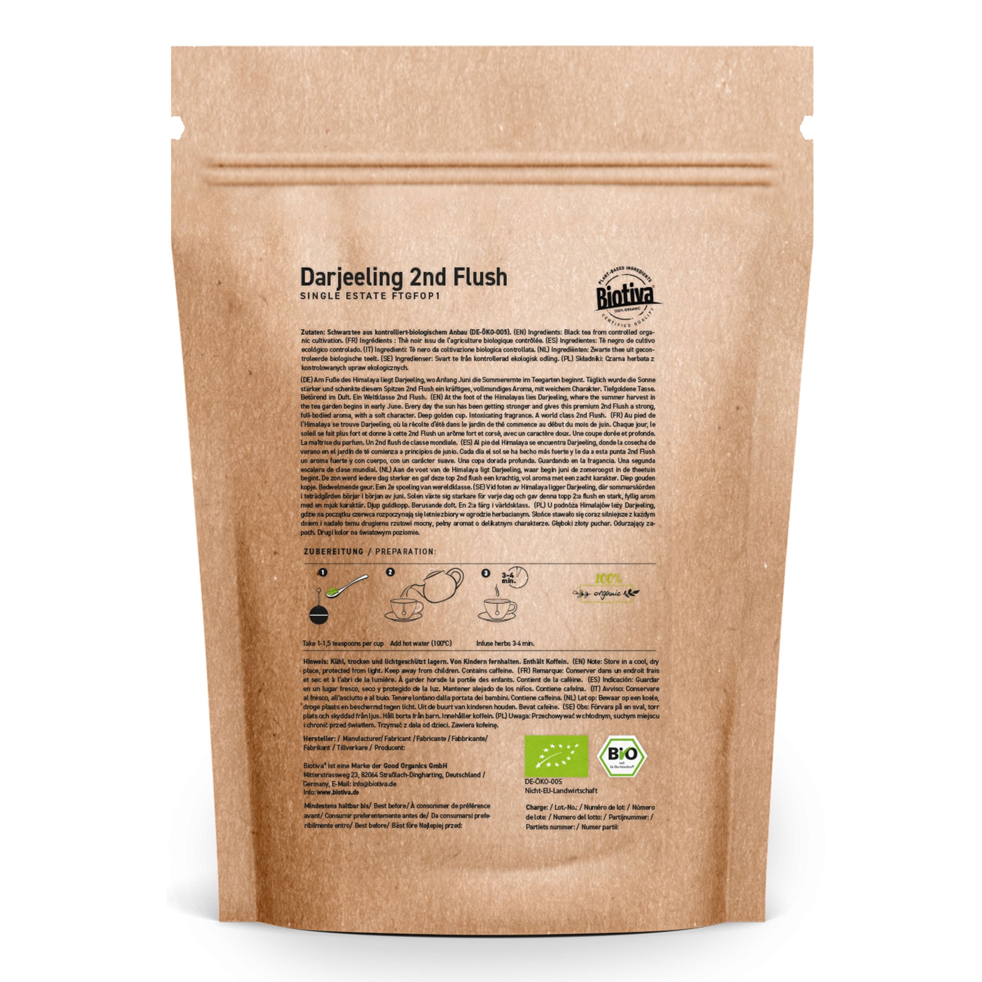 Retro della confezione di tè Biotiva Darjeeling Second Flush. Testo con informazioni sul prodotto e istruzioni per la preparazione. Sigillo bio.