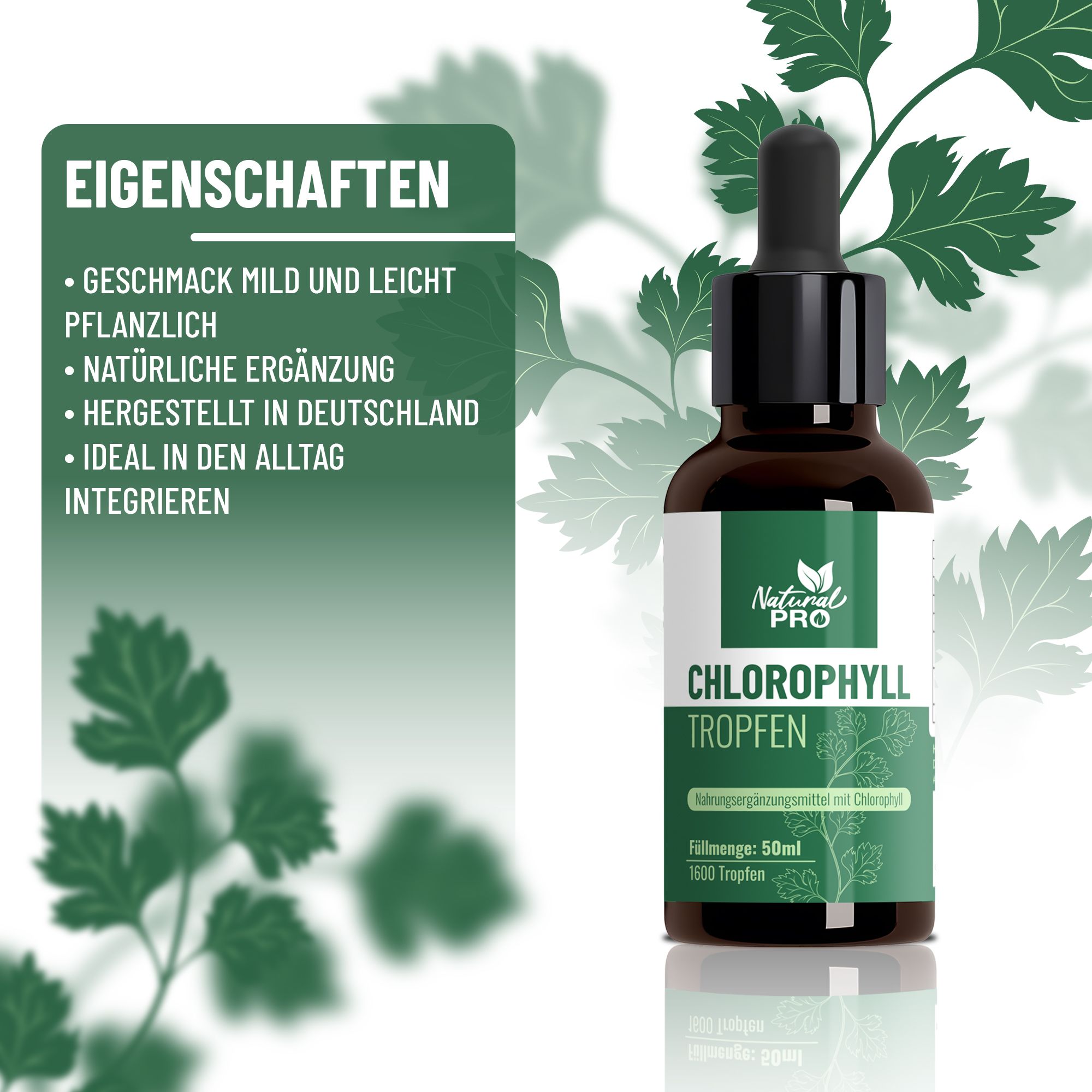Flacone di vetro marrone con contagocce. Etichetta "Natural Pro | Chlorophyll Tropfen". Caratteristiche: delicato, vegetale, prodotto in Germania.