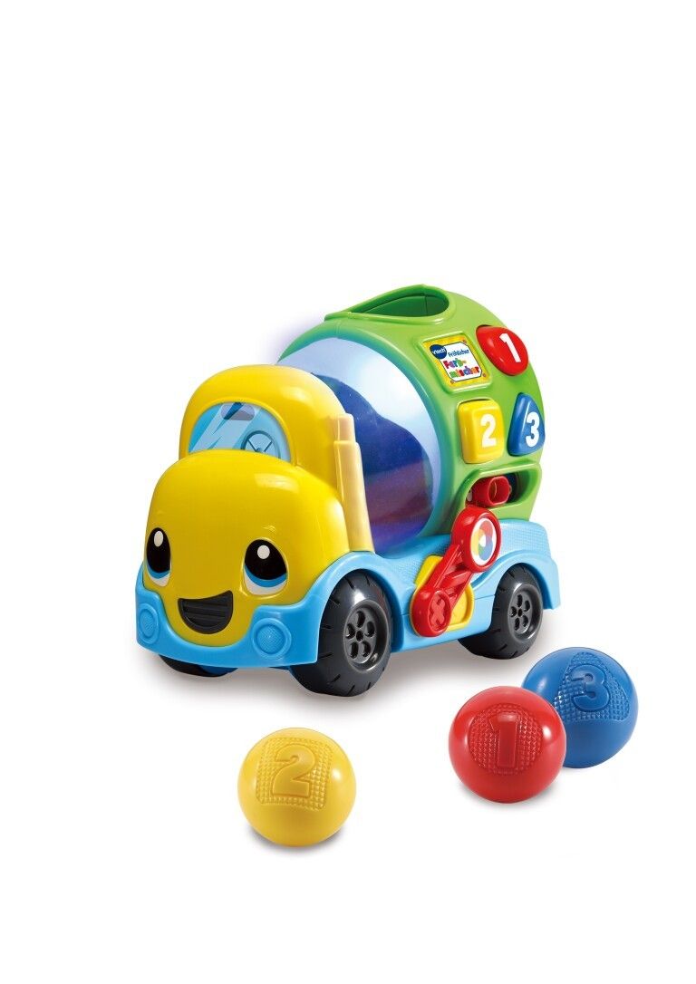 Camion giocattolo giallo e blu con tamburo verde, numeri 1-3. Tre palline numerate. Logo VTech.