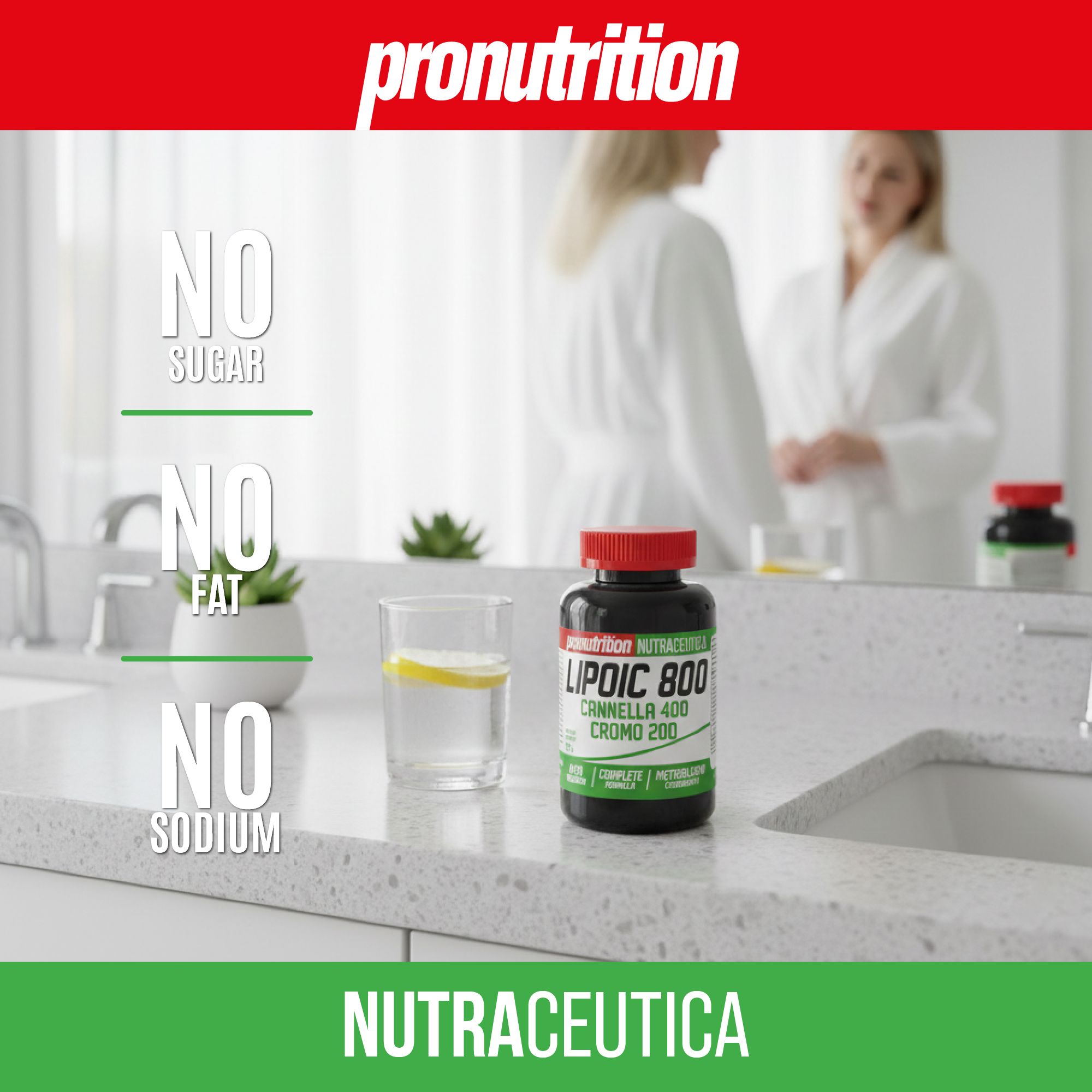 Flacone marrone, tappo rosso. Scritta: LIPOIC 800, Cannella 400, Cromo 200. Bicchiere d'acqua, limone. Scritta: Nutraceutica. Senza zucchero, grassi, sodio.