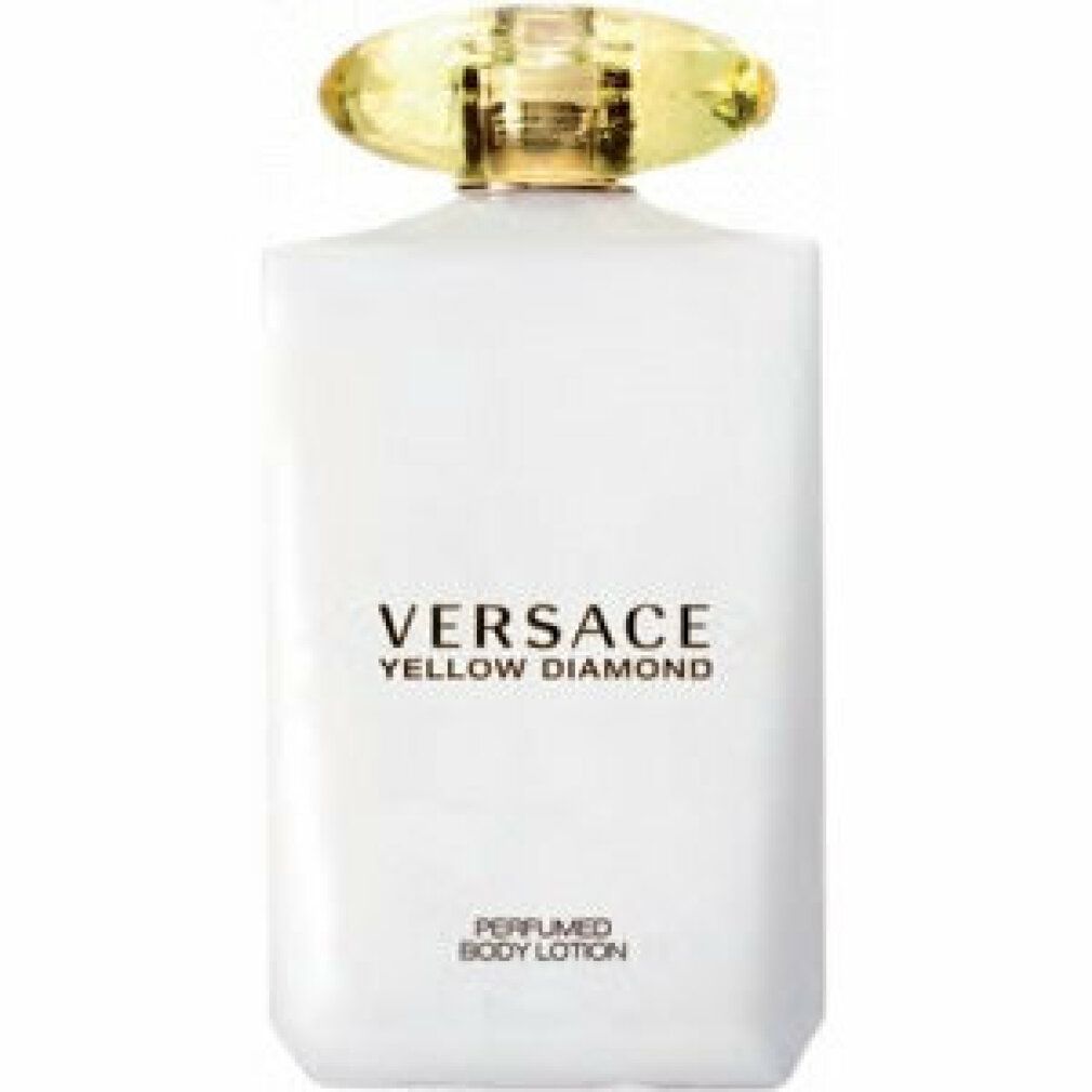 Flacone bianco con tappo giallo. Scritta: VERSACE YELLOW DIAMOND. Lozione corpo profumata.