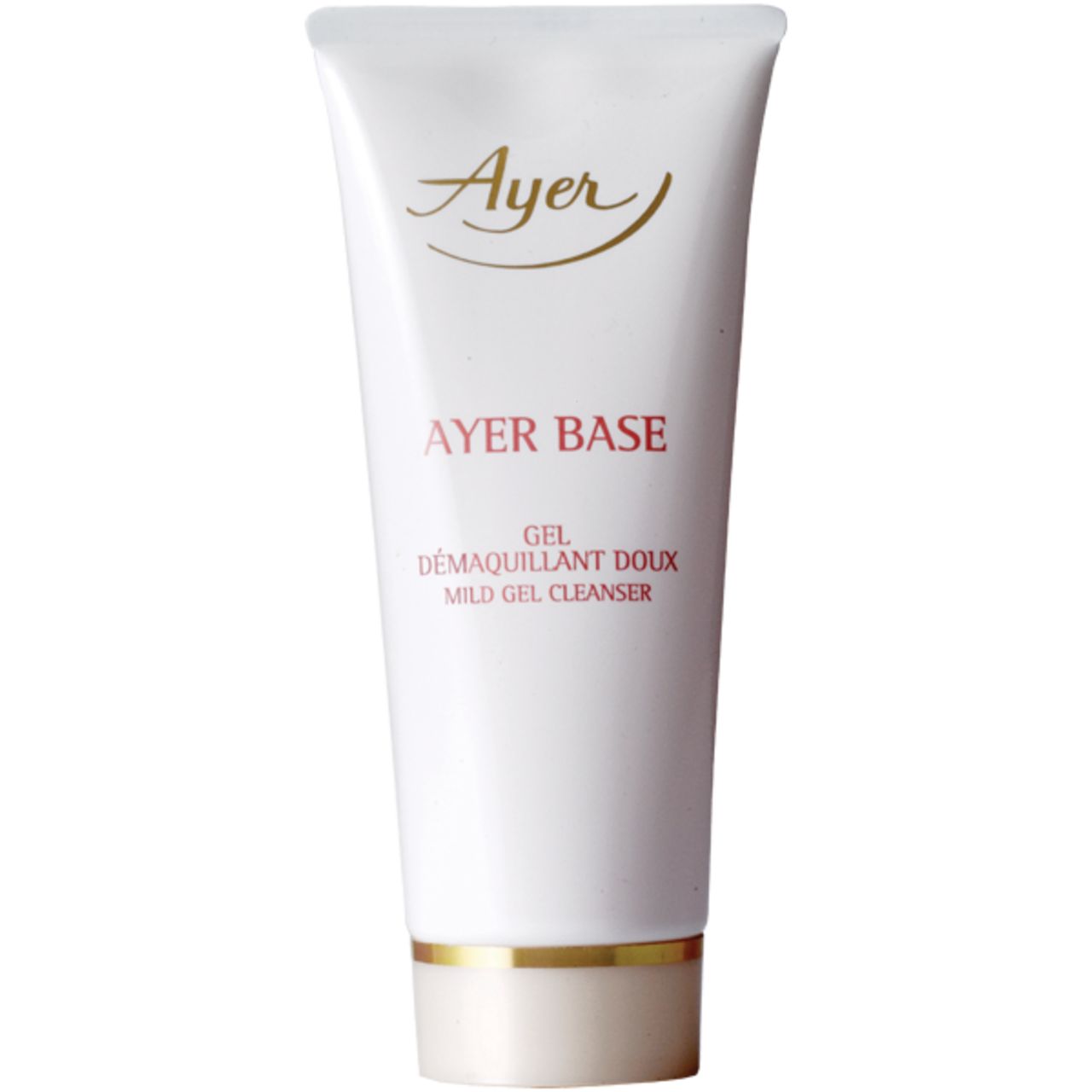 Tubo bianco con dettagli dorati. Scritta: Ayer, Ayer Base, Gel Demaquillant Doux, Mild Gel Cleanser.