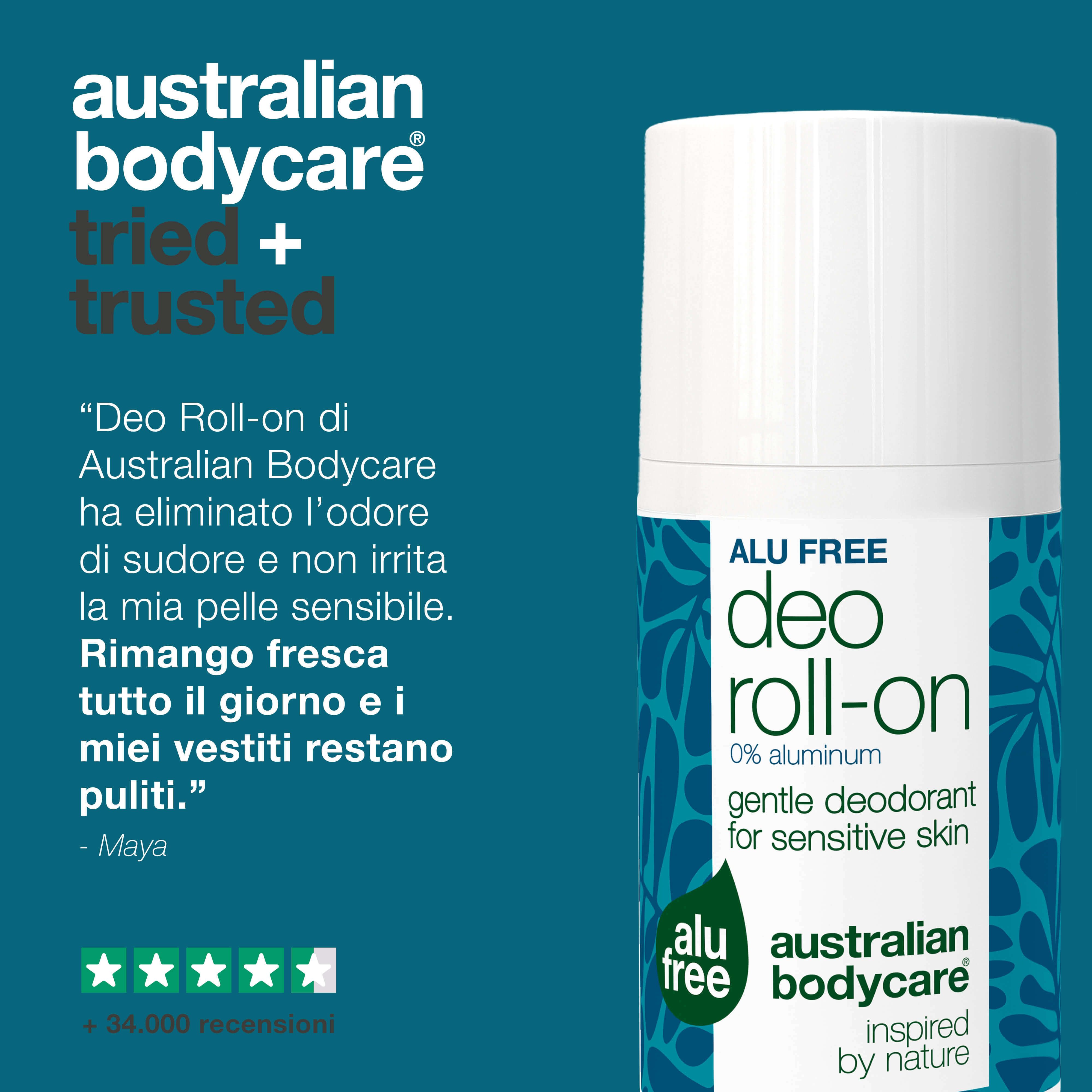 Roll-on con citazione: Elimina l'odore, non irrita, la mia pelle rimane fresca, i miei vestiti puliti. Marchio: Australian Bodycare.