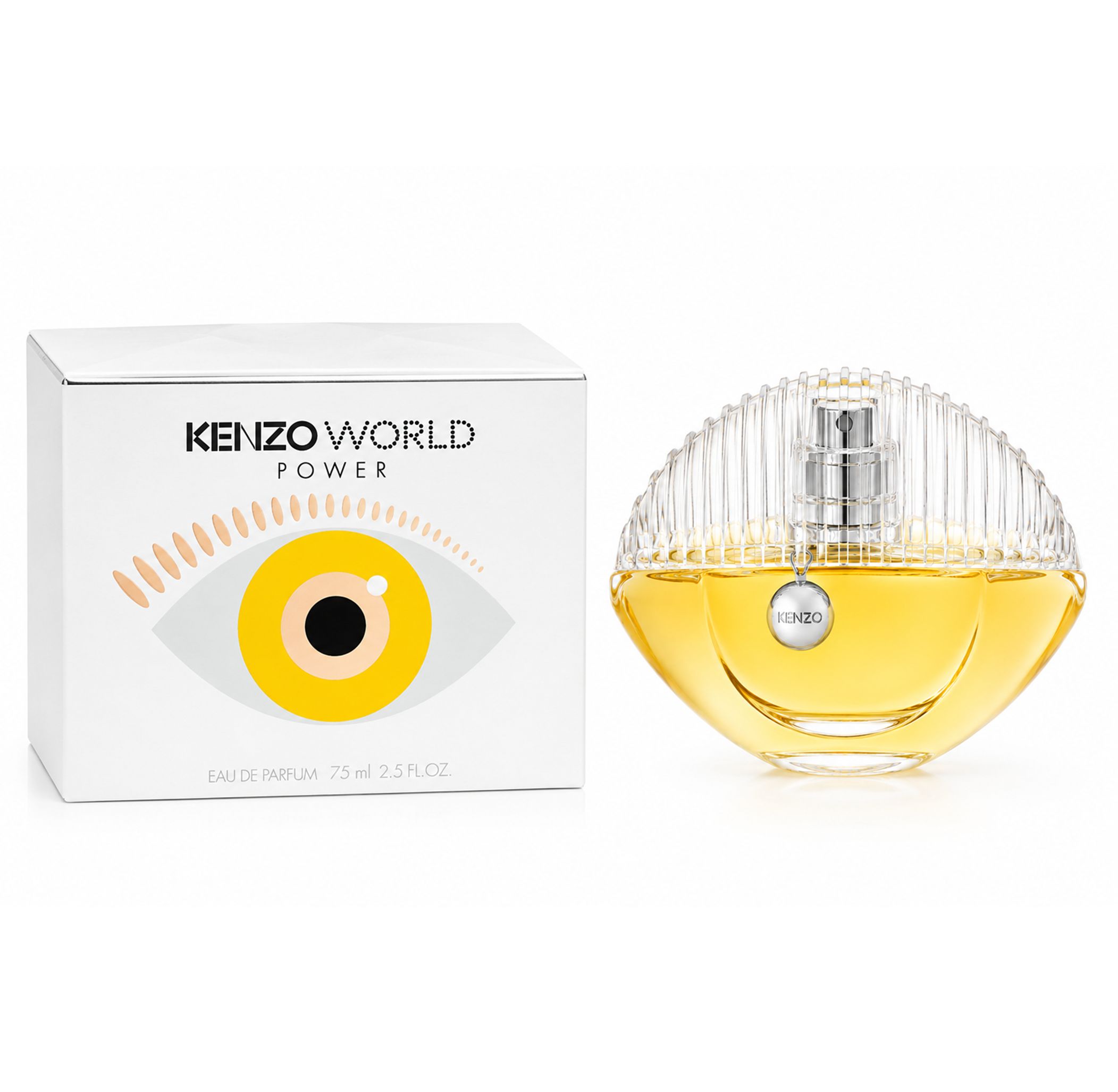 Flacone di profumo e confezione. Flacone a forma di occhio, liquido giallo. Confezione con logo e testo.