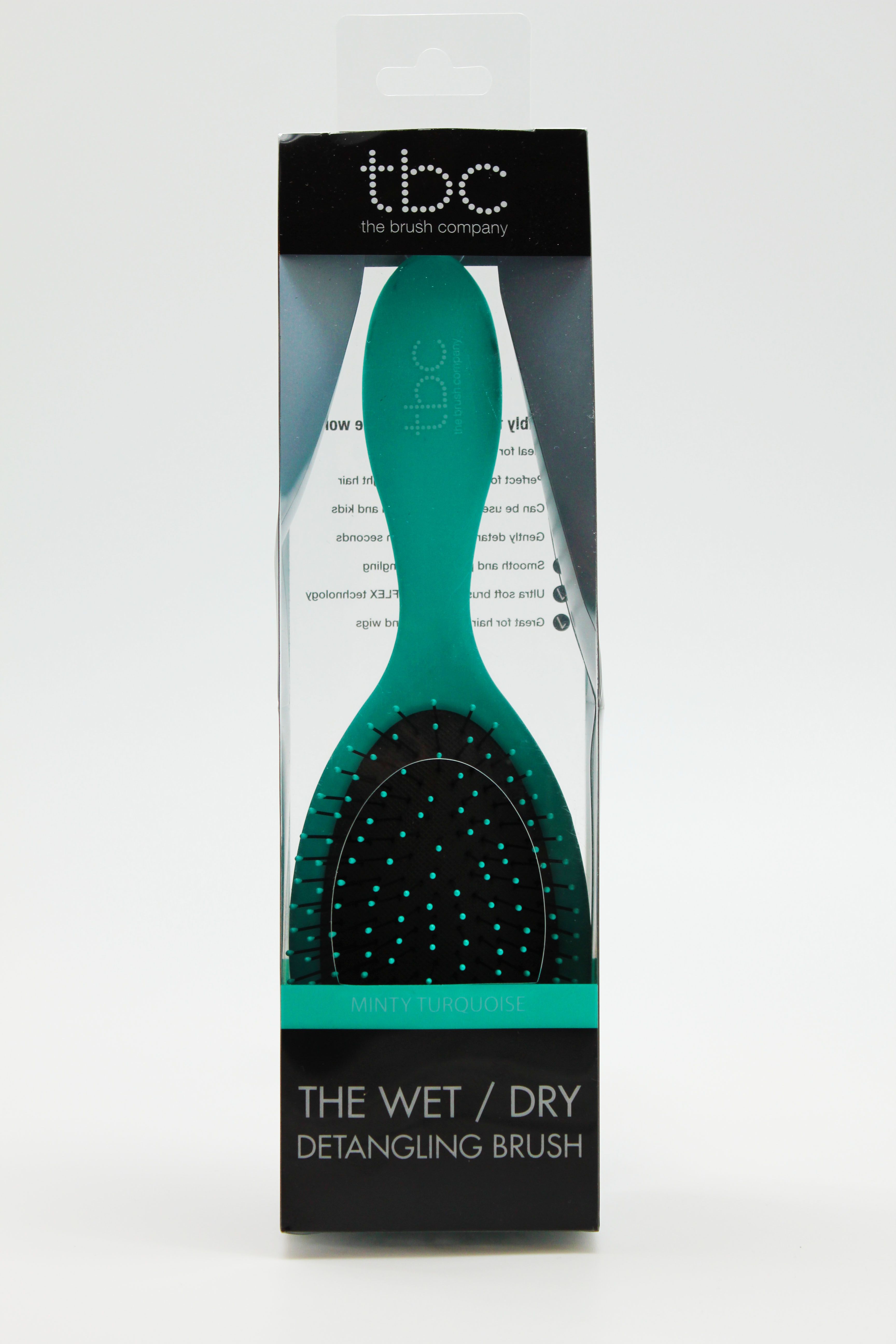 Spazzola TBC Wet & Dry color menta turchese, confezionata in astuccio trasparente.