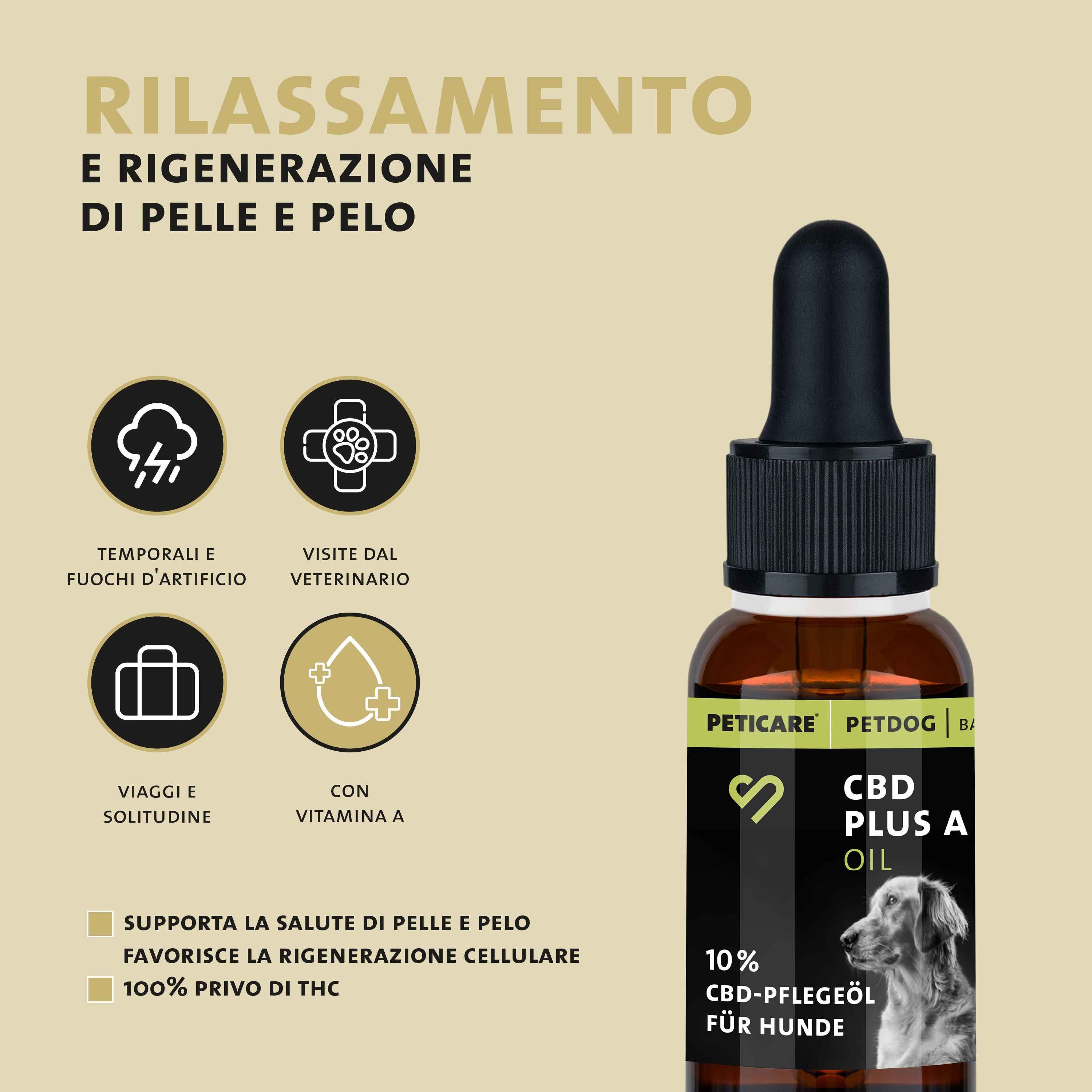 Flacone di olio CBD Peticare con icone per rilassamento, rigenerazione pelle e pelo, vitamina A.