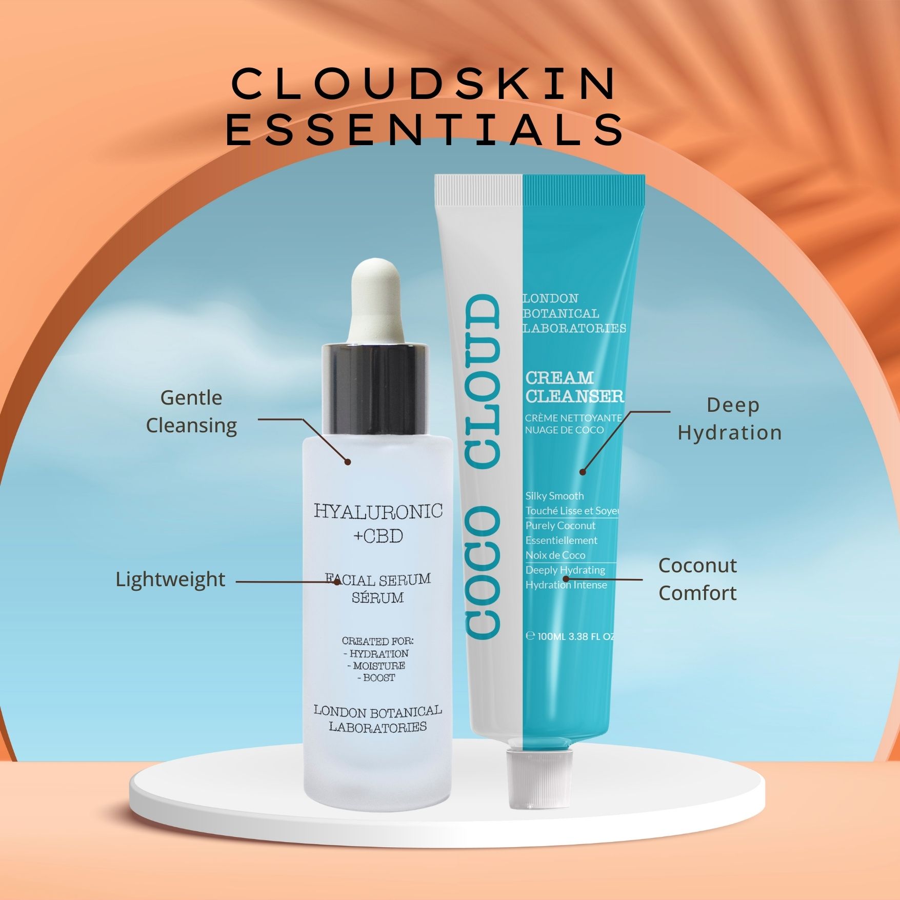 Siero e crema detergente su piedistallo. Scritte: Coco Cloud, Hyaluronic + CBD, Cream Cleanser. Testo sullo sfondo.