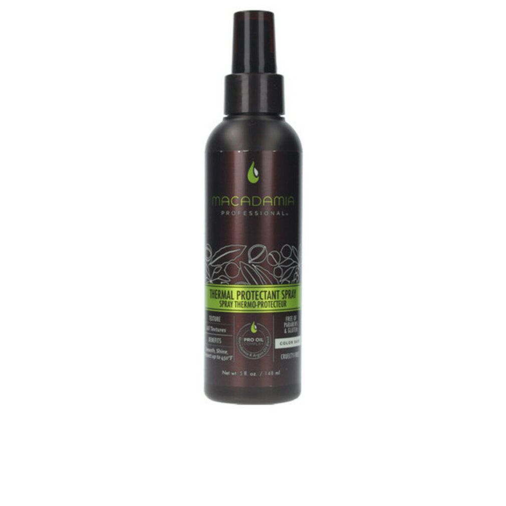 Flacone spray marrone con etichetta verde. Testo: Macadamia Professional, Thermal Protectant Spray. Contiene olio di argan e macadamia.
