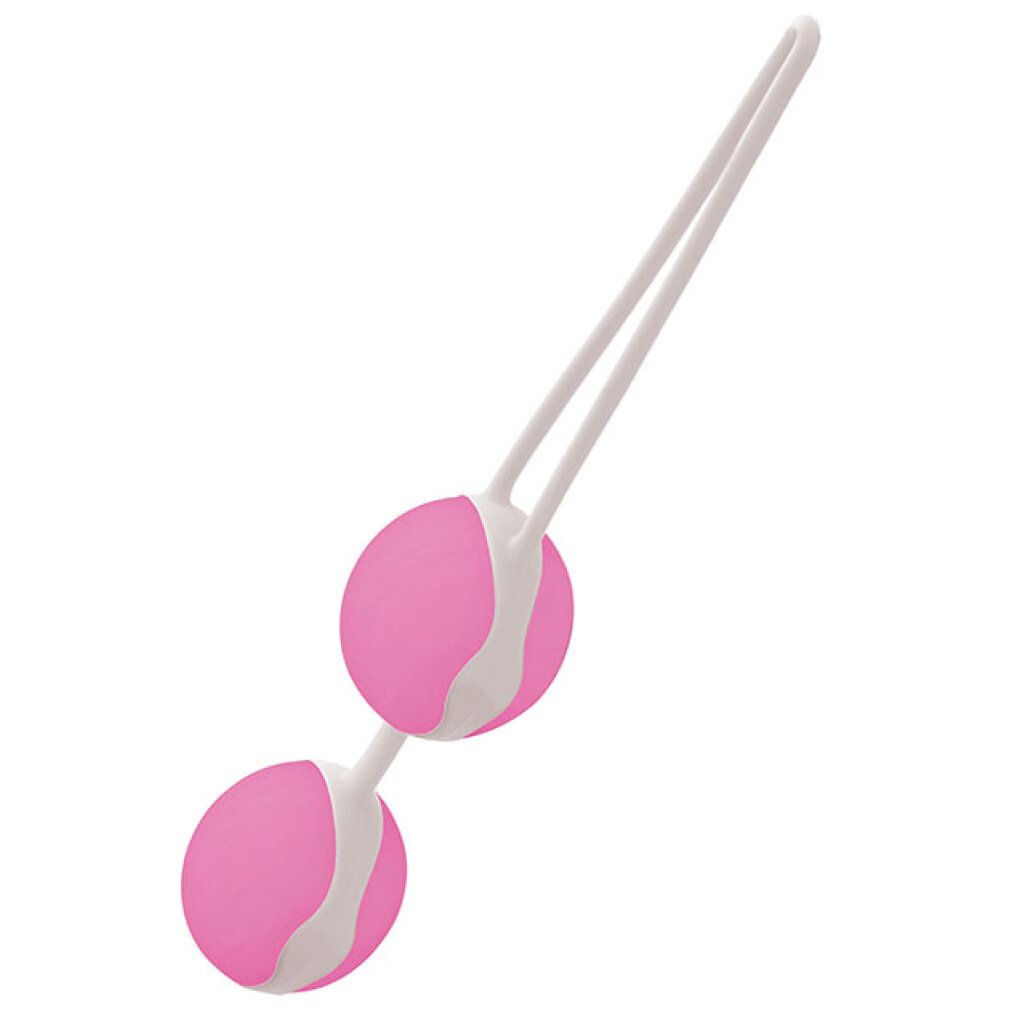 Due sfere rosa con fascia bianca, collegate da un'impugnatura bianca.