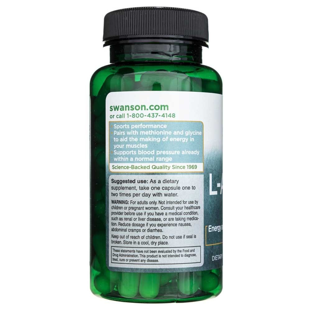 Flacone verde di capsule di L-Arginina, retro con istruzioni per l'uso e informazioni sul prodotto.