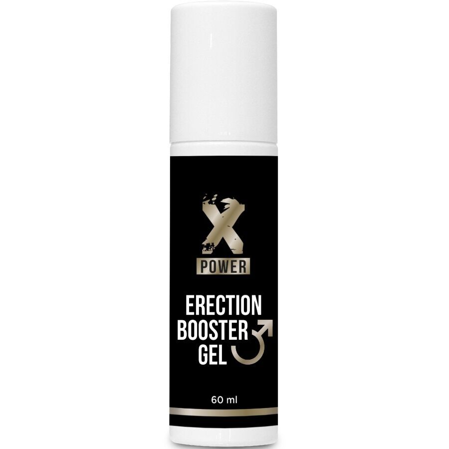 Flacone nero con tappo bianco. Scritta: Xpower, Erection Booster Gel. In basso: 60 ml.