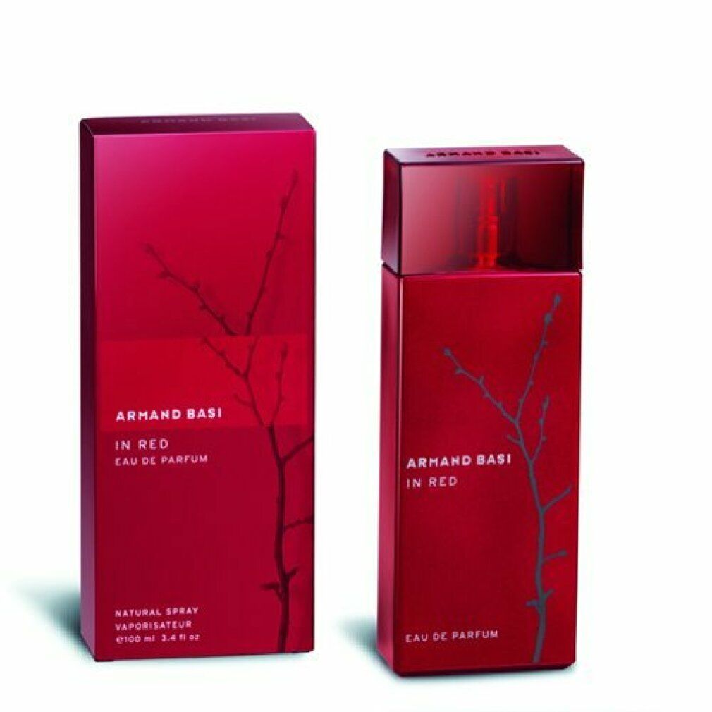 Scatola e flacone rossi. Scritta: Armand Basi In Red. Design ramo grigio. Eau de Parfum. Confezione.