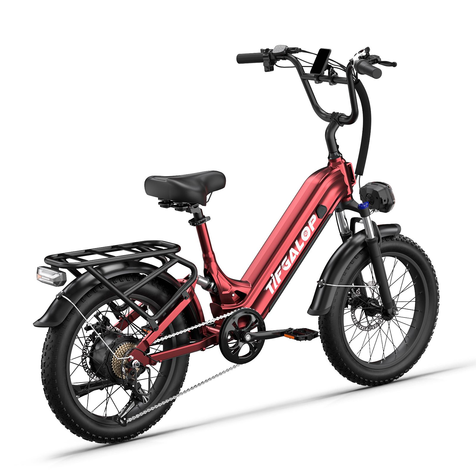 E-bike rossa con elementi neri. Pneumatici larghi, portapacchi, faro e manubrio. Marchio TIFGALOP.