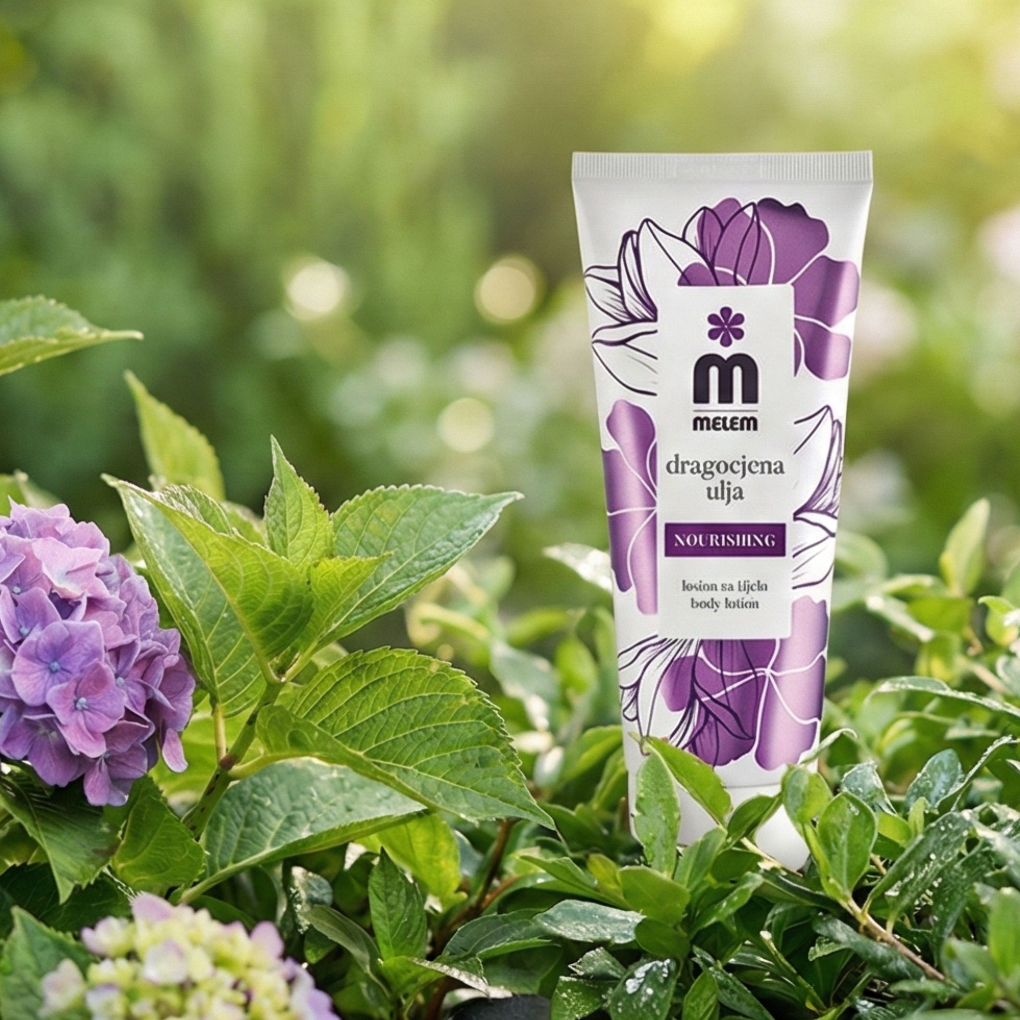 Tubo bianco con design floreale viola. Scritta: Melem, dragocjena ulja, Nourishing body lotion. Circondato da piante e fiori verdi.