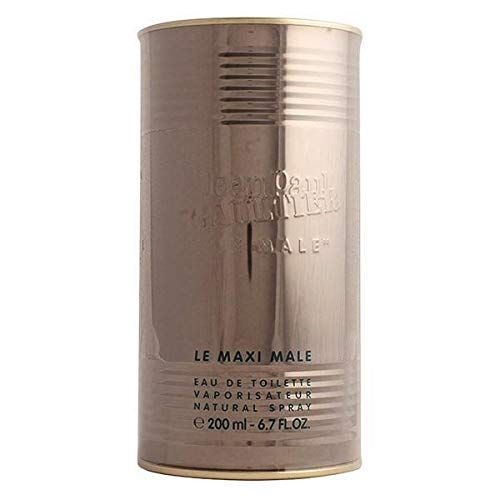 Scatola cilindrica con la scritta "LE MAXI MALE". Testo: Eau de Toilette, Vaporisateur, Natural Spray.