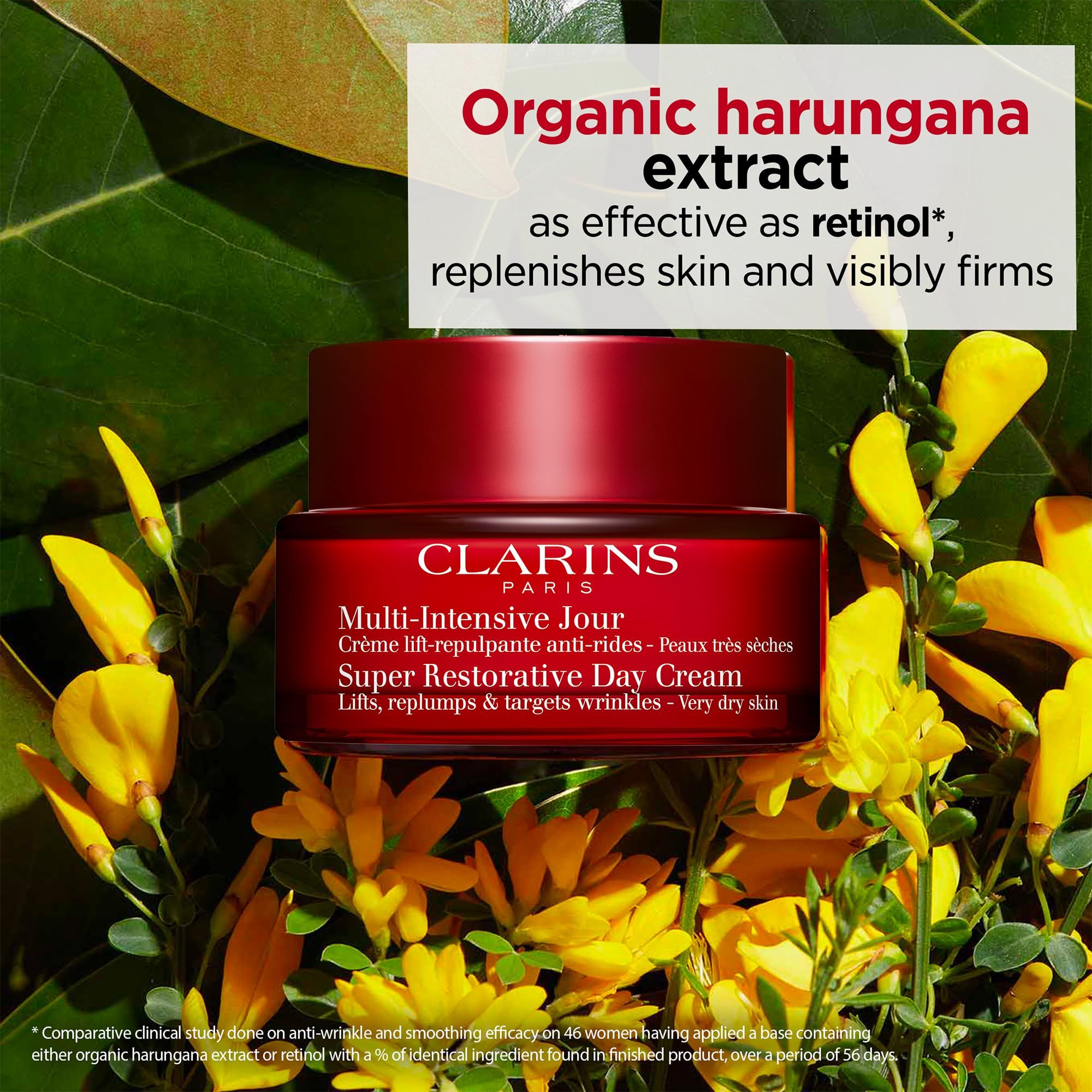 Vasetto rosso con crema. Testo: Clarins, Multi-Intensive Jour, Super Restorative Day Cream.