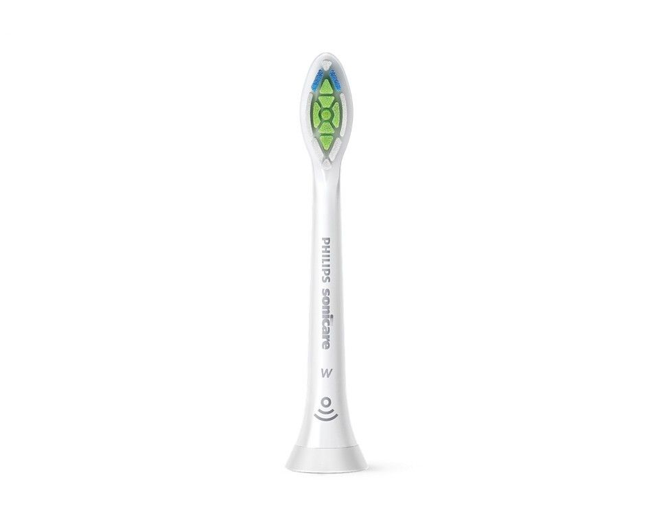 Una testina bianca Philips Sonicare. Setole verdi e blu. Scritta "Philips Sonicare".