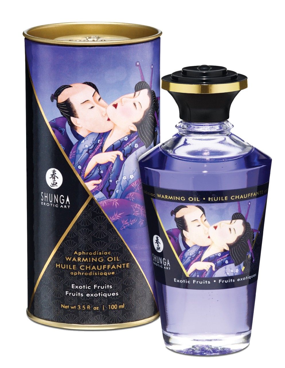 Flacone e scatola di Shunga. Immagine di coppia che si bacia. Scritta: Exotic Fruits, afrodisiaco.