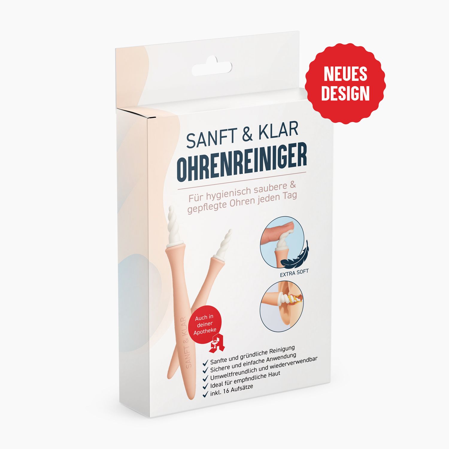 Confezione del prodotto con testo: SANFT & KLAR Ohrenreiniger. Bastoncini di pulizia rosa. Adesivo rosso: NUOVO DESIGN. 16 punte.