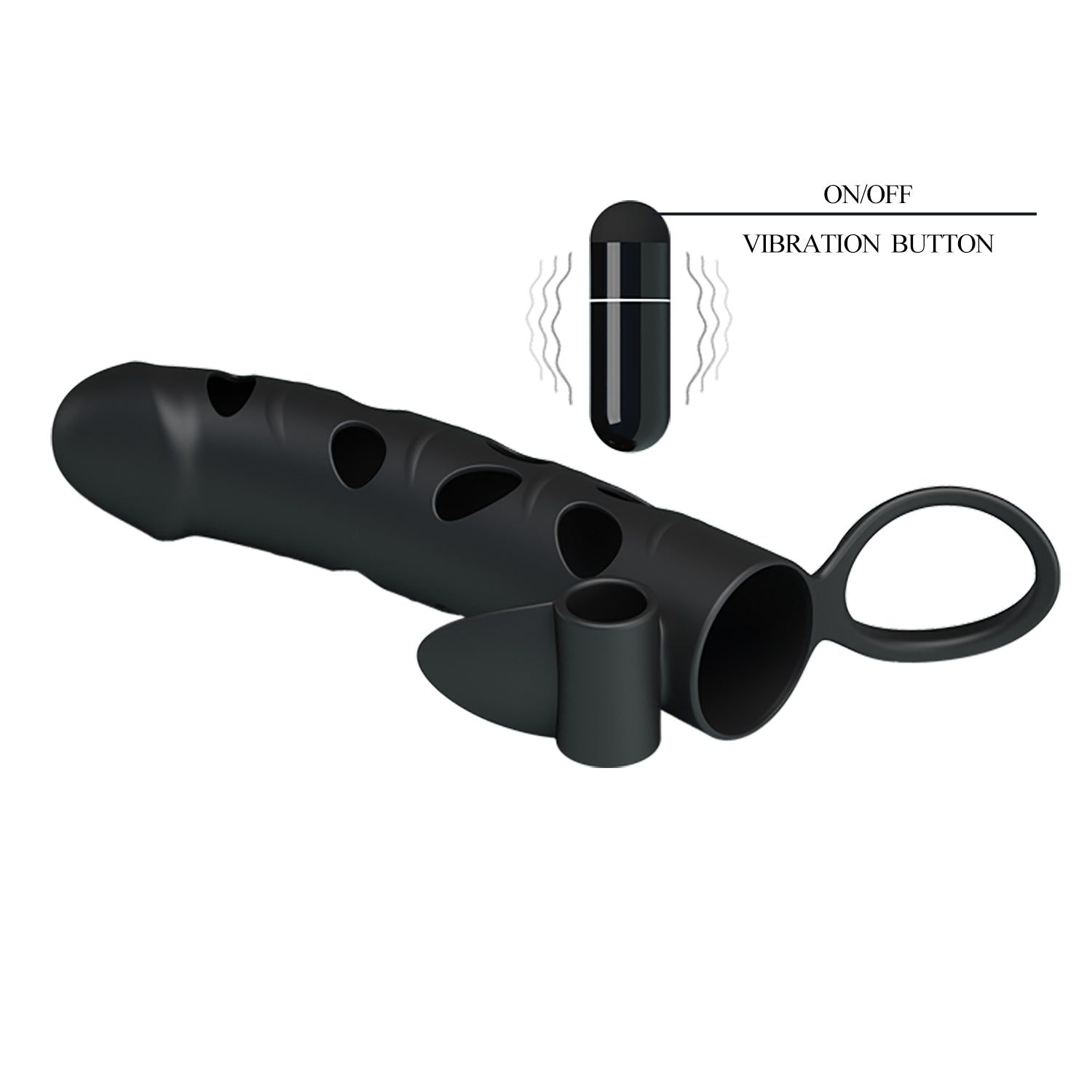 Prodotto nero con fori e anello. Con un pulsante di vibrazione separato.