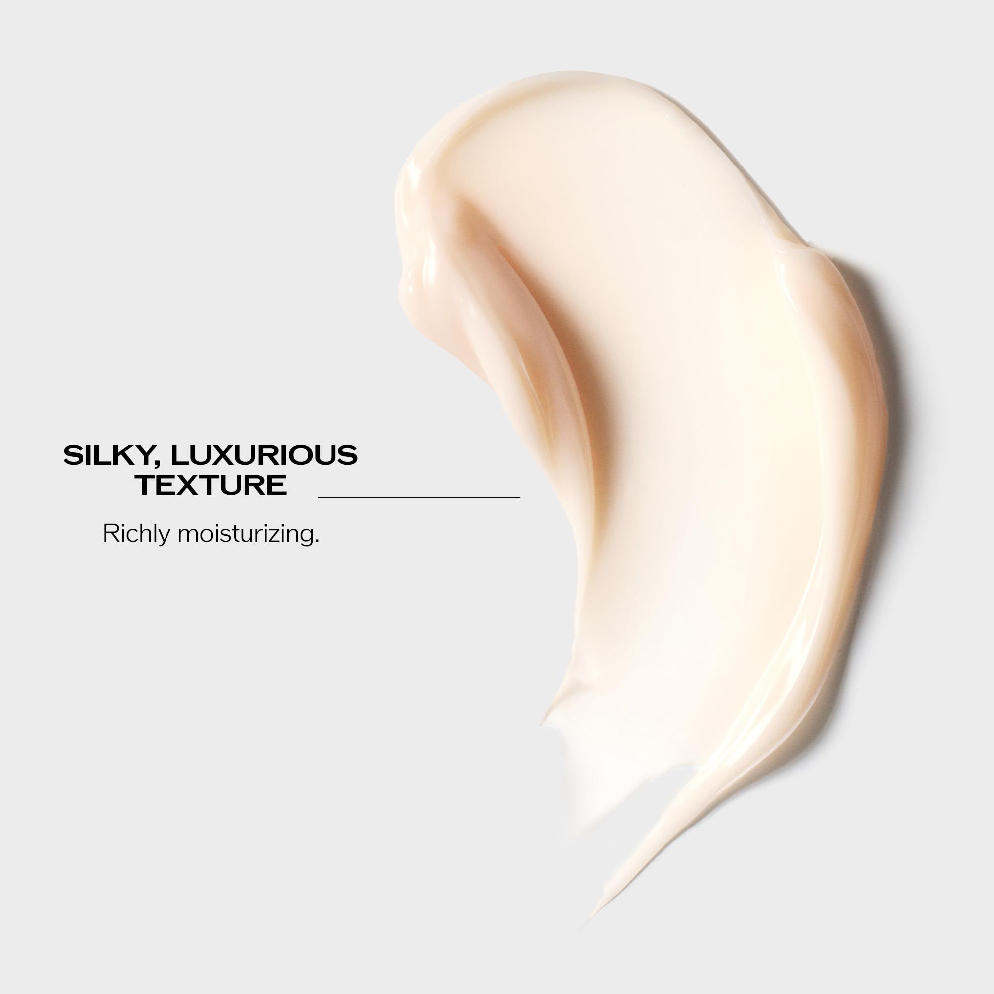 Texture crema su sfondo chiaro. Testo: Texture setosa e lussuosa. Riccamente idratante.