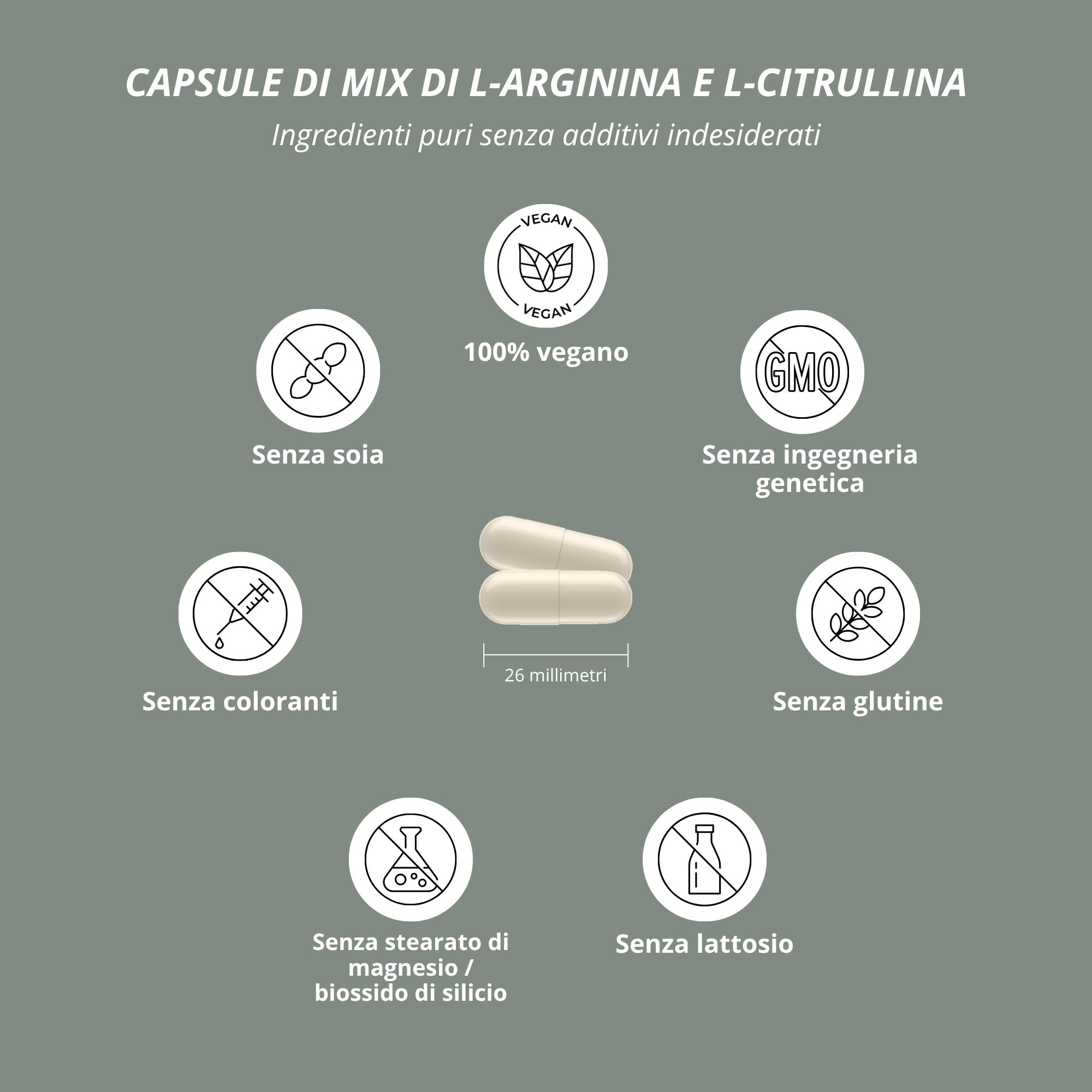 Due capsule. Testo: 100% vegano, senza soia, senza coloranti, senza OGM, senza glutine, 26 mm.