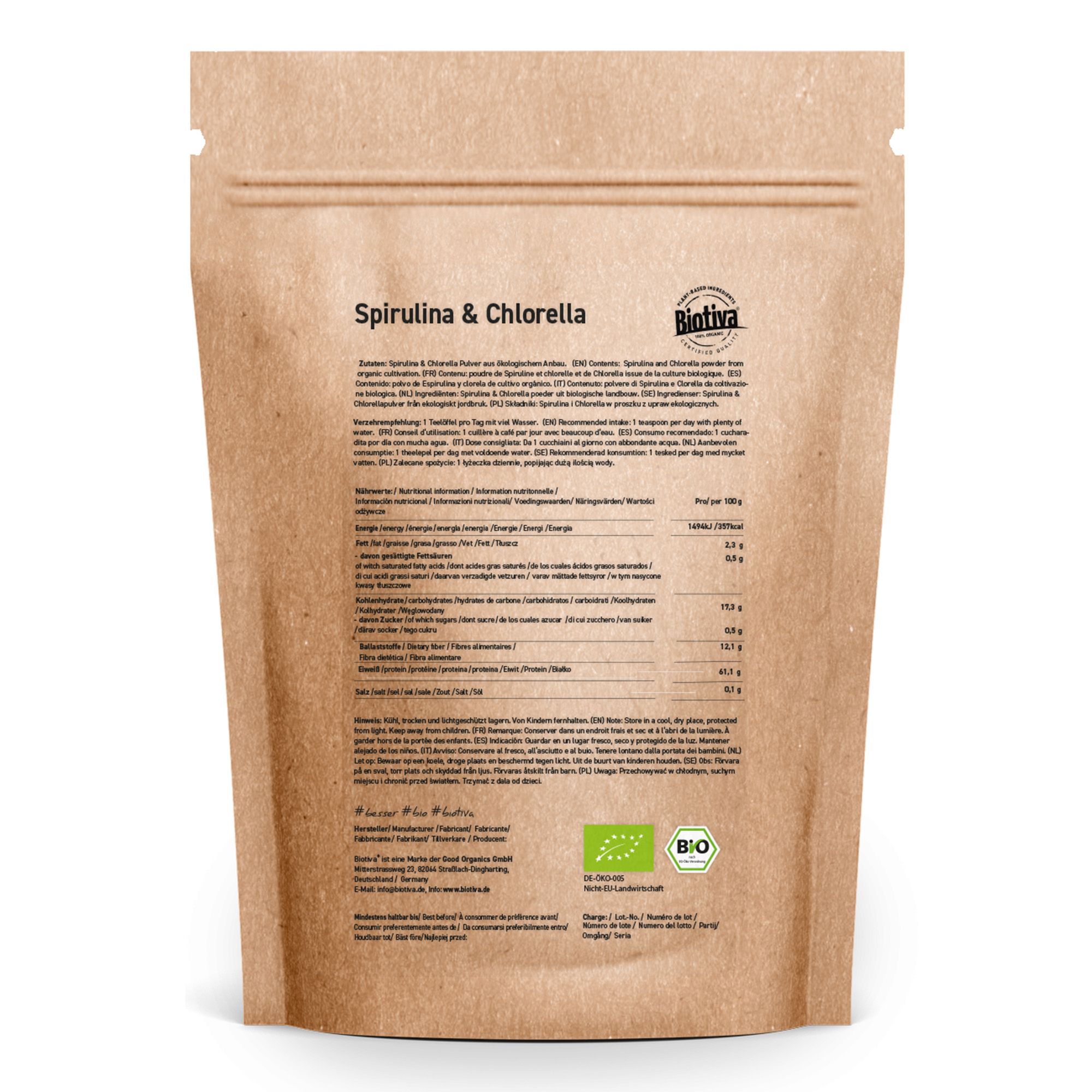 Retro della confezione di polvere di Biotiva Spirulina & Clorella. Contiene informazioni nutrizionali e ingredienti.