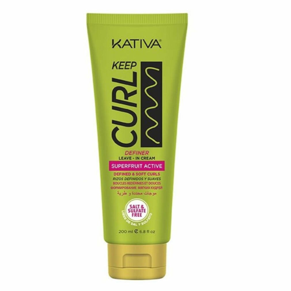 Tubo verde con tappo giallo. Sul tubo è scritto Kativa Keep Curl Definer Leave-In Cream. Testo e motivo a onde in nero.