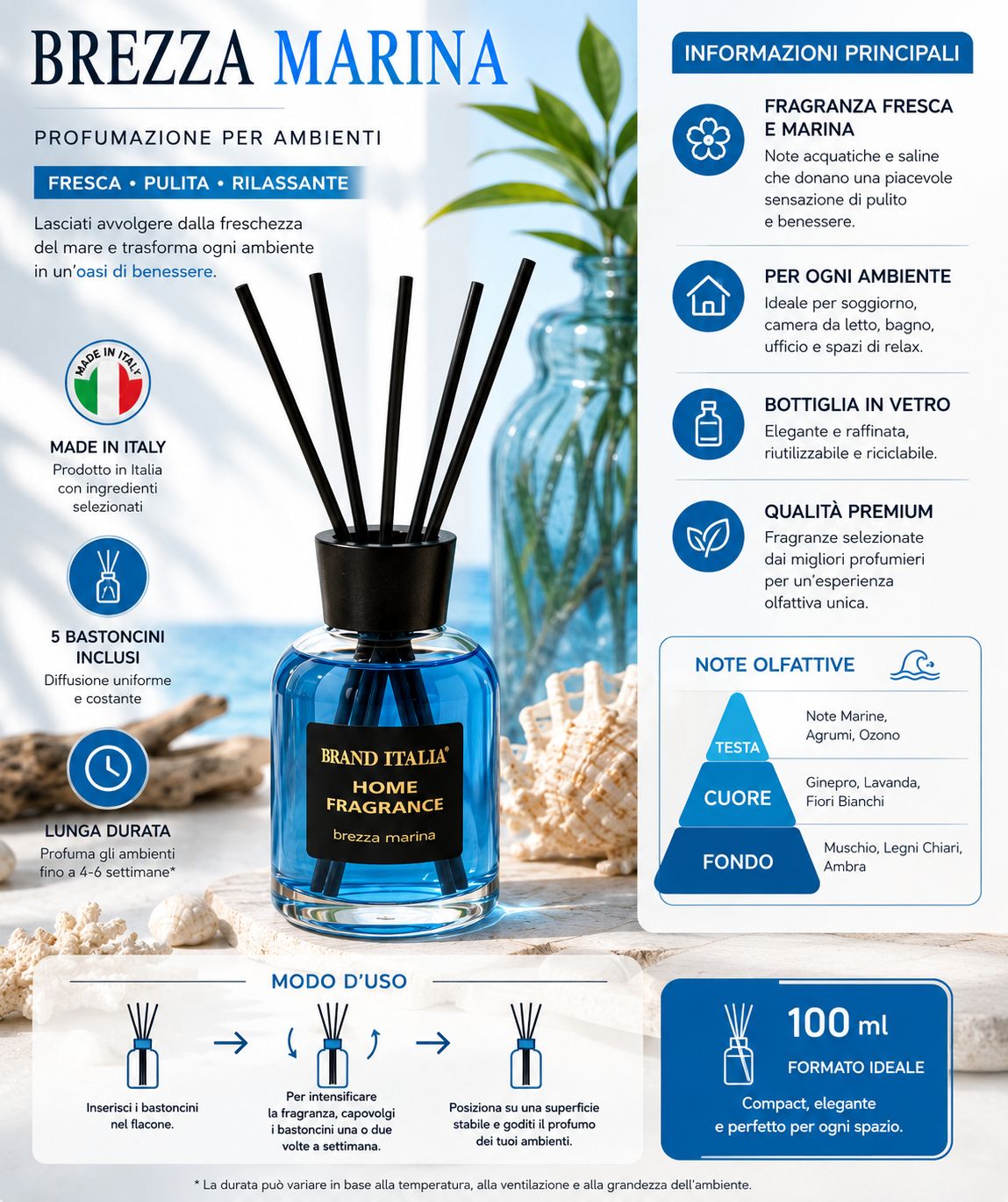 Flacone in vetro blu con collare nero e cinque bastoncini diffusori neri. Etichetta "BRAND ITALIA HOME FRAGRANCE brezza marina".