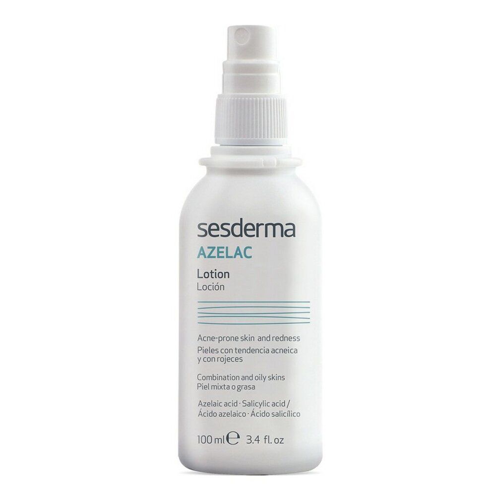 Sesderma Azelac Lozione. Flacone bianco con vaporizzatore. Scritta: Azelac Lozione. Per pelli a tendenza acneica e arrossamenti. 100 ml.