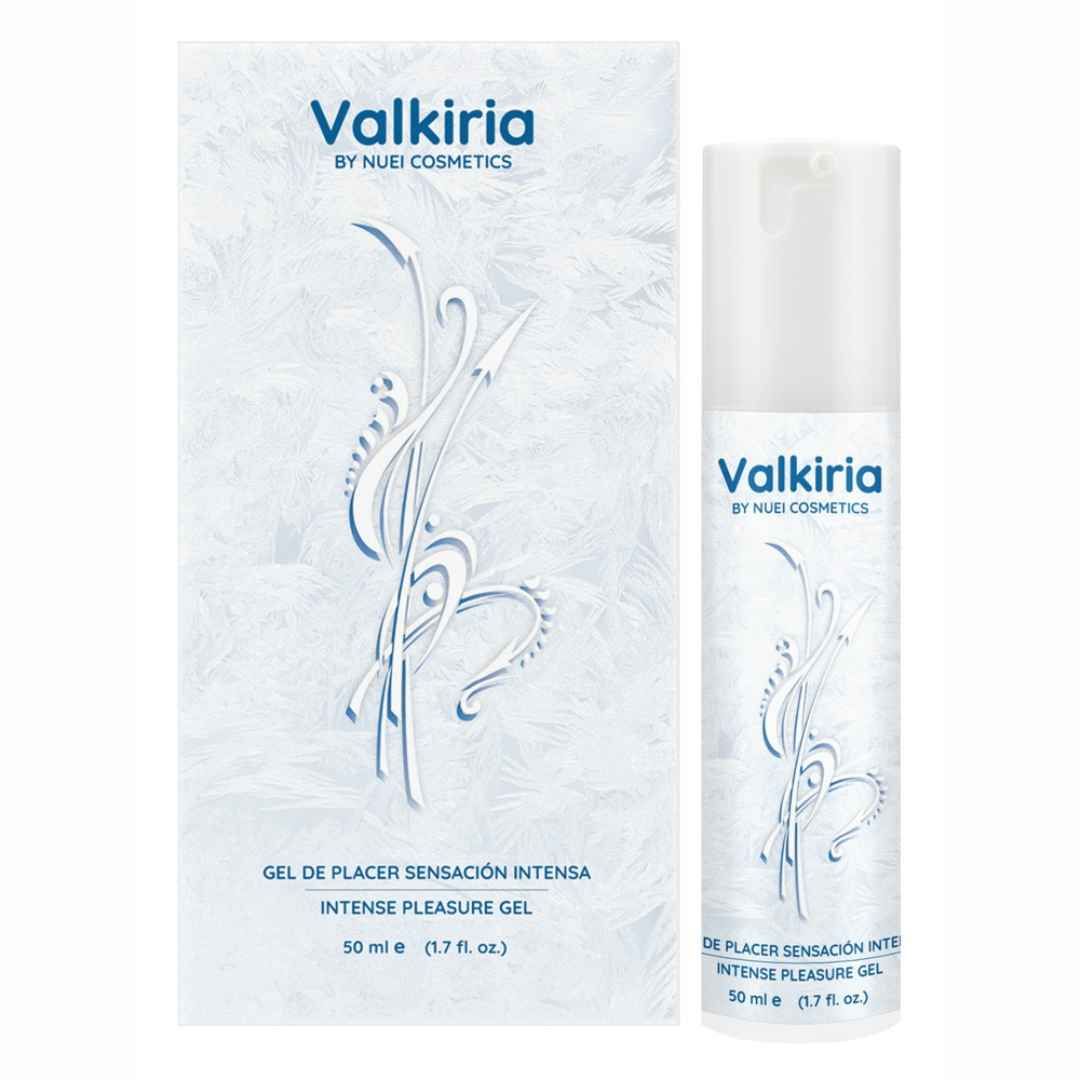 Flacone e confezione bianchi. Scritta Valkiria, Intense Pleasure Gel. 50 ml.