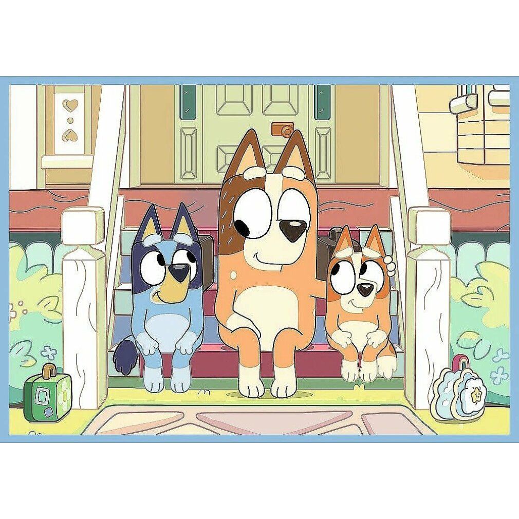 Illustrazione di Bluey e dei suoi genitori davanti a una porta d'ingresso. La famiglia è su una scala.